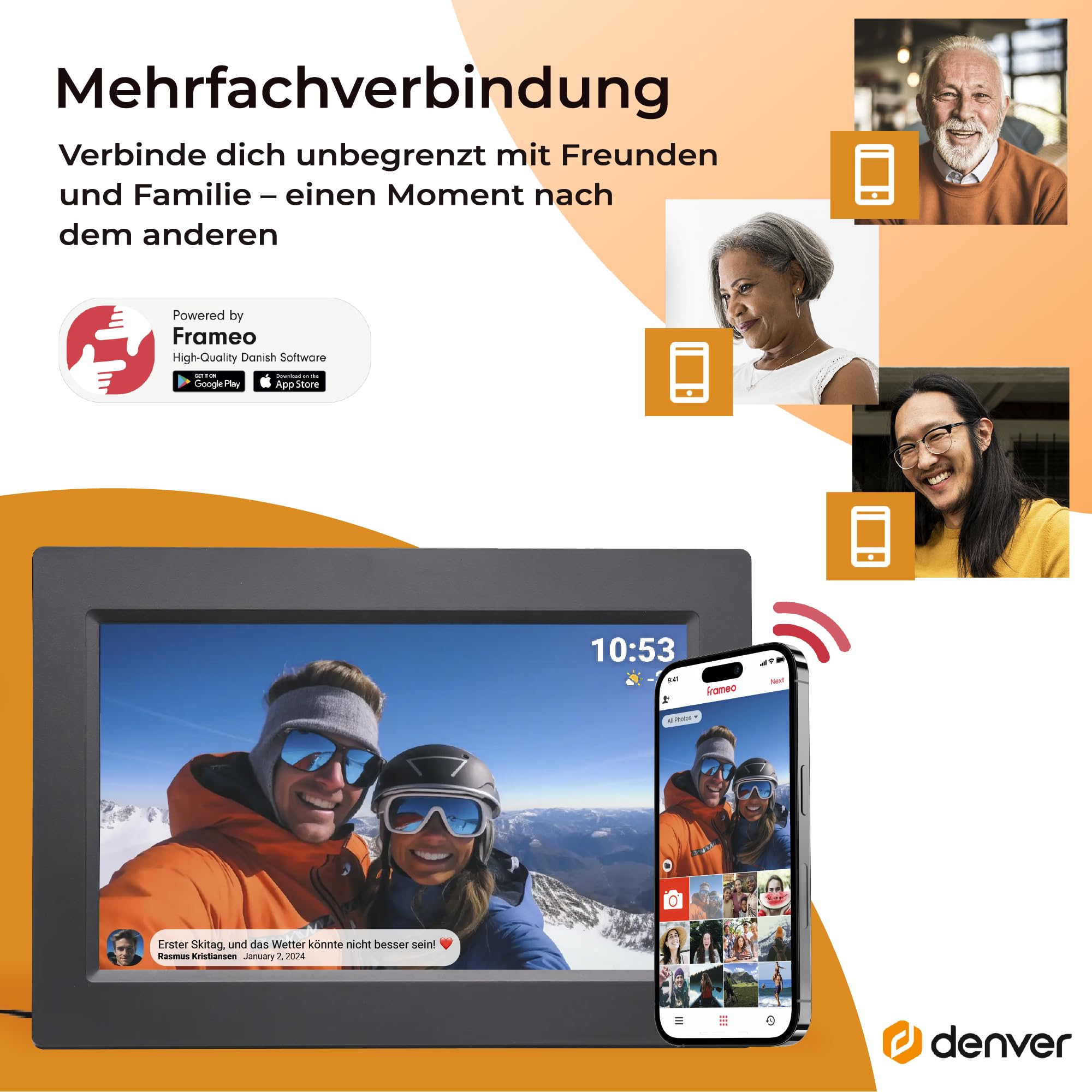 Denver Digitaler Bilderrahmen 10,1 Zoll mit WLAN – Frameo Digital Photo Frame mit Touchscreen & 16 GB Speicher – Elektrischer Fotorahmen mit App‑Steuerung - USB & microSD - Schwarz