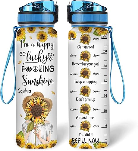 Hyturtle Botella de agua motivacional personalizada de 32 onzas para amantes de los girasoles, botella de agua con nombre personalizado con marcador