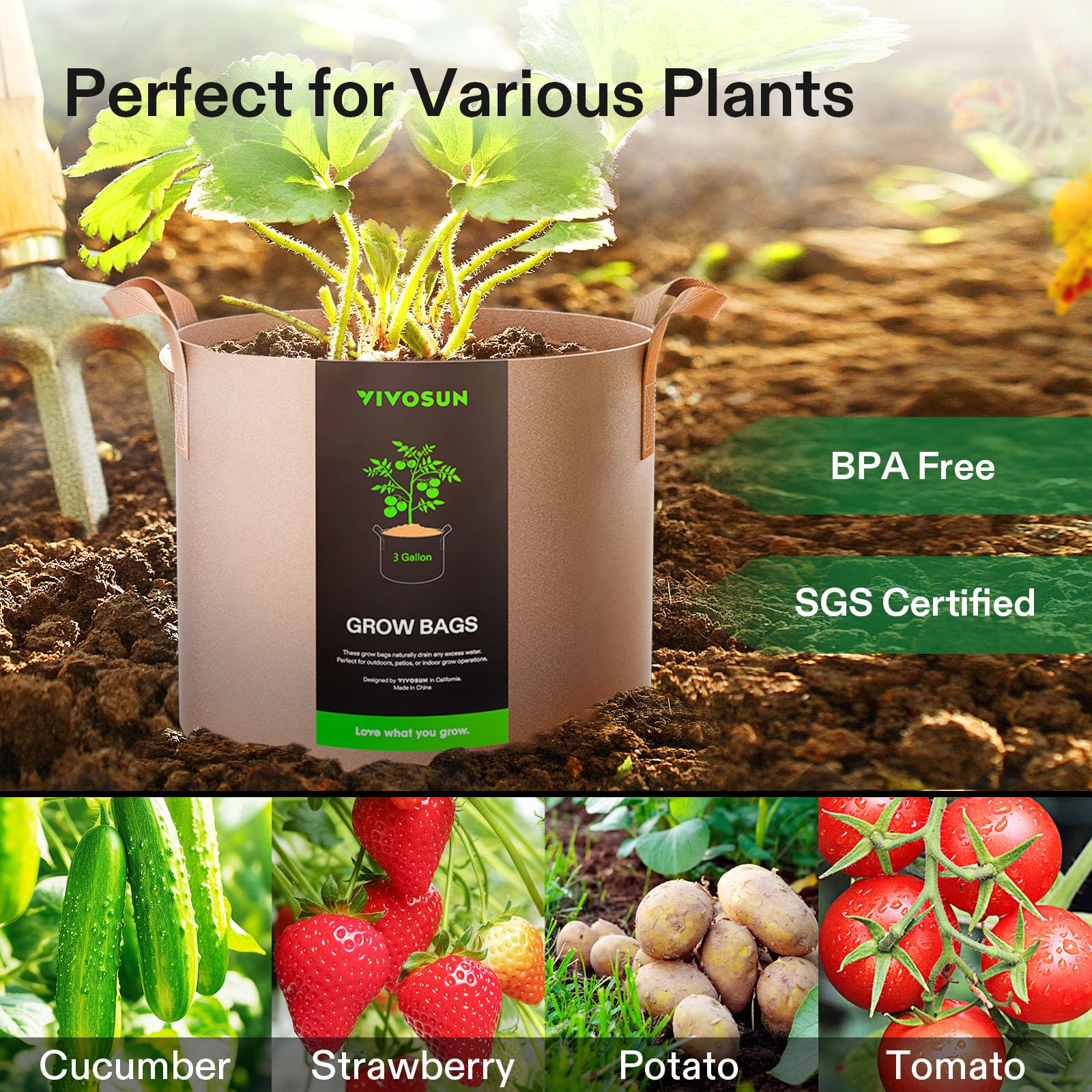 VIVOSUN Paquete de 5 bolsas de cultivo de plantas de 3 galones con asas | Tela no tejida gruesa de 300 g, excelente drenaje, crecimiento saludable de raíces, sin BPA, reutilizable
