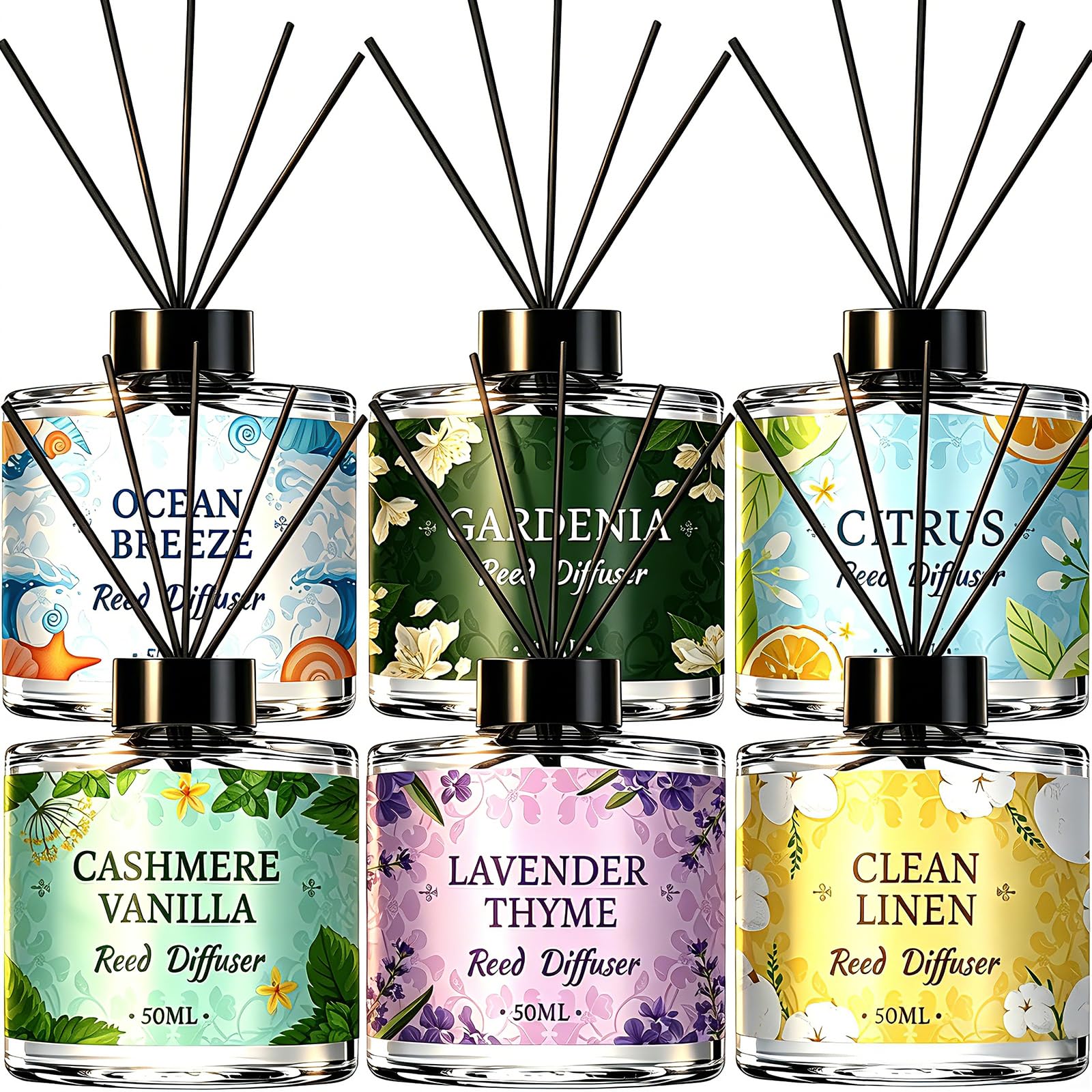 6 Stück Schilfrohr-Diffusor-Sets, ätherisches Öl, Schilfrohr-Diffusoren für Zuhause mit 24 Stäbchen, langanhaltender Duft, Geschenk, fertiger Duftdiffusor für Schlafzimmer, Badezimmer, Büro