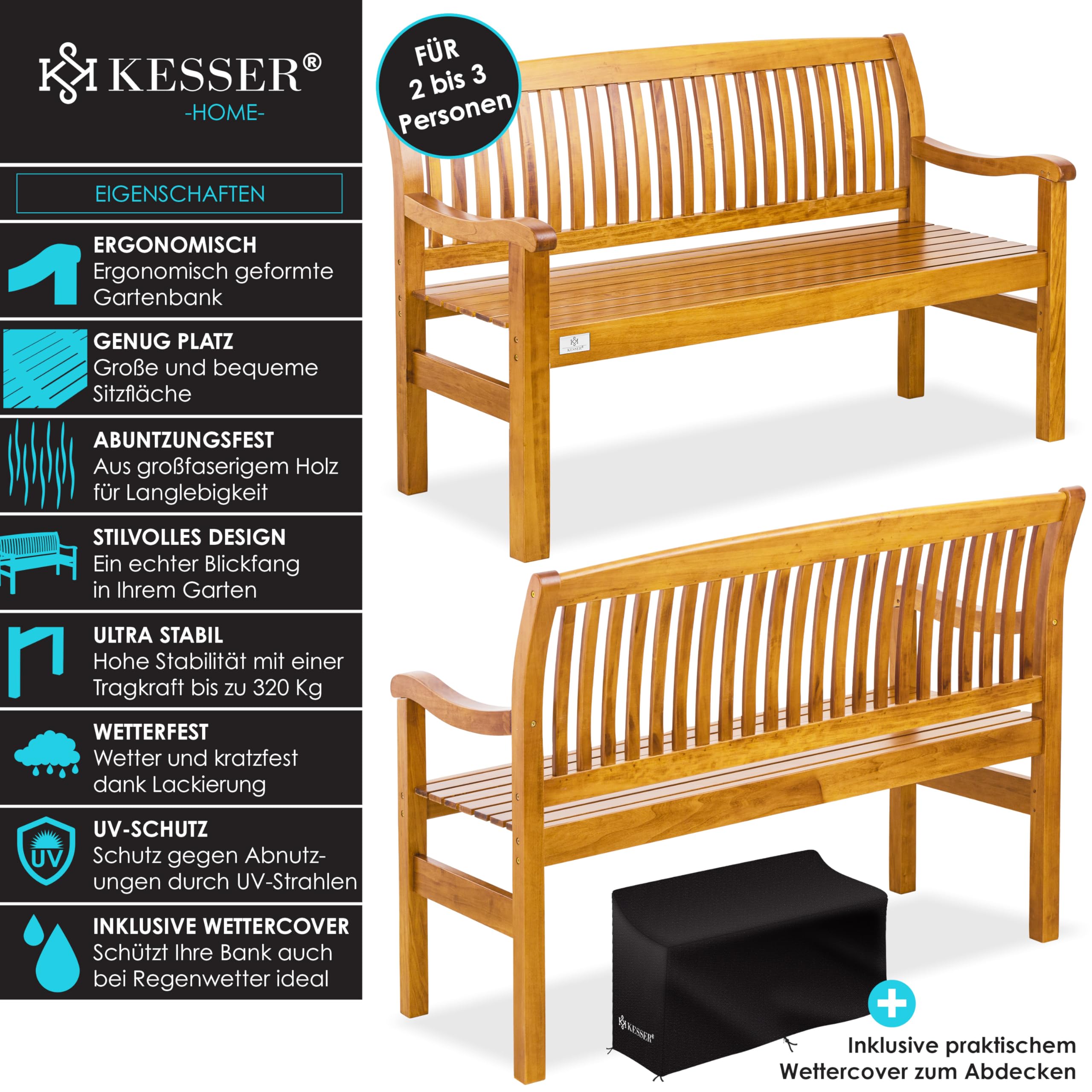 KESSER® Banco de Jardín de Madera Resistente a la Intemperie | 225 kg para 2-3 Personas | Banco de Parque de Madera Maciza | Asiento 125 cm | Balcón, Terraza y Jardín Incluye Cubierta Marrón Claro