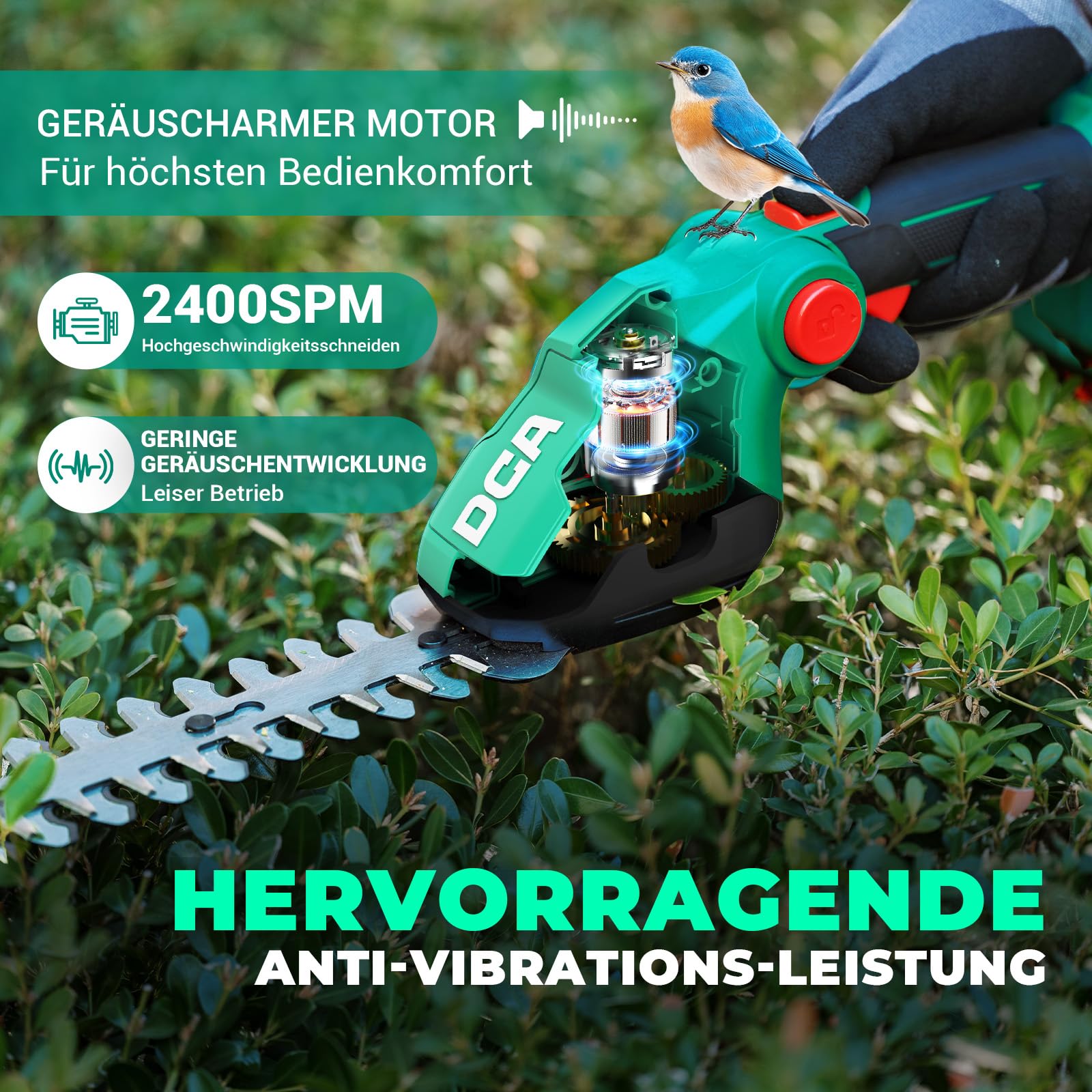 DCA 20V Akku Grasschere und Strauchschere 2-in-1 Rasenkantenschneider | 100mm Grasscherenblatt & 200mm Heckenscherenblatt, 2.0Ah Akku, 3-fach verstellbarer Schneidwinkel