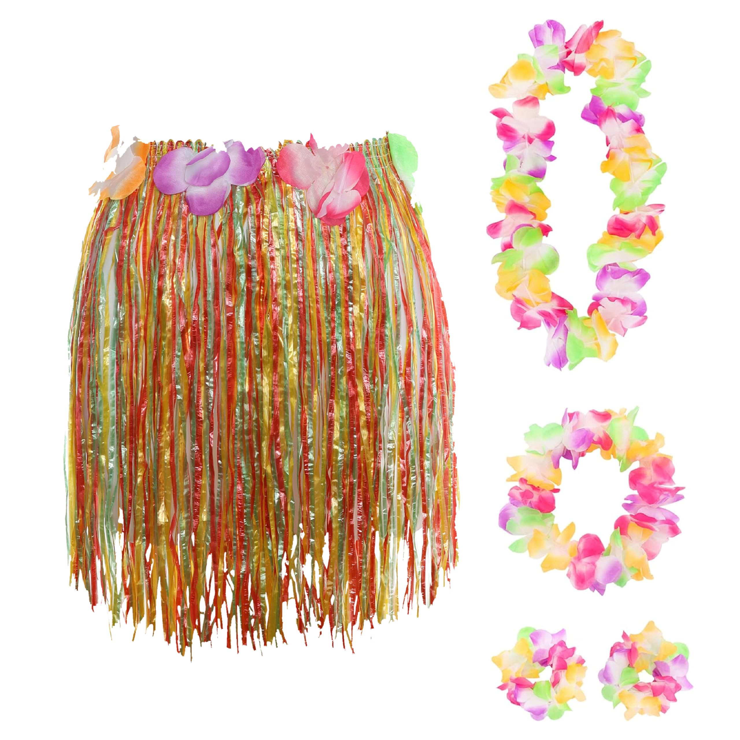 Hawaiian Set Fancy Dress Costume Kit - Multicoloured Hula Skirt + Flower Lei Necklace + Flower Bracelets + Headband - 5 Piece Grass Skirt Luau