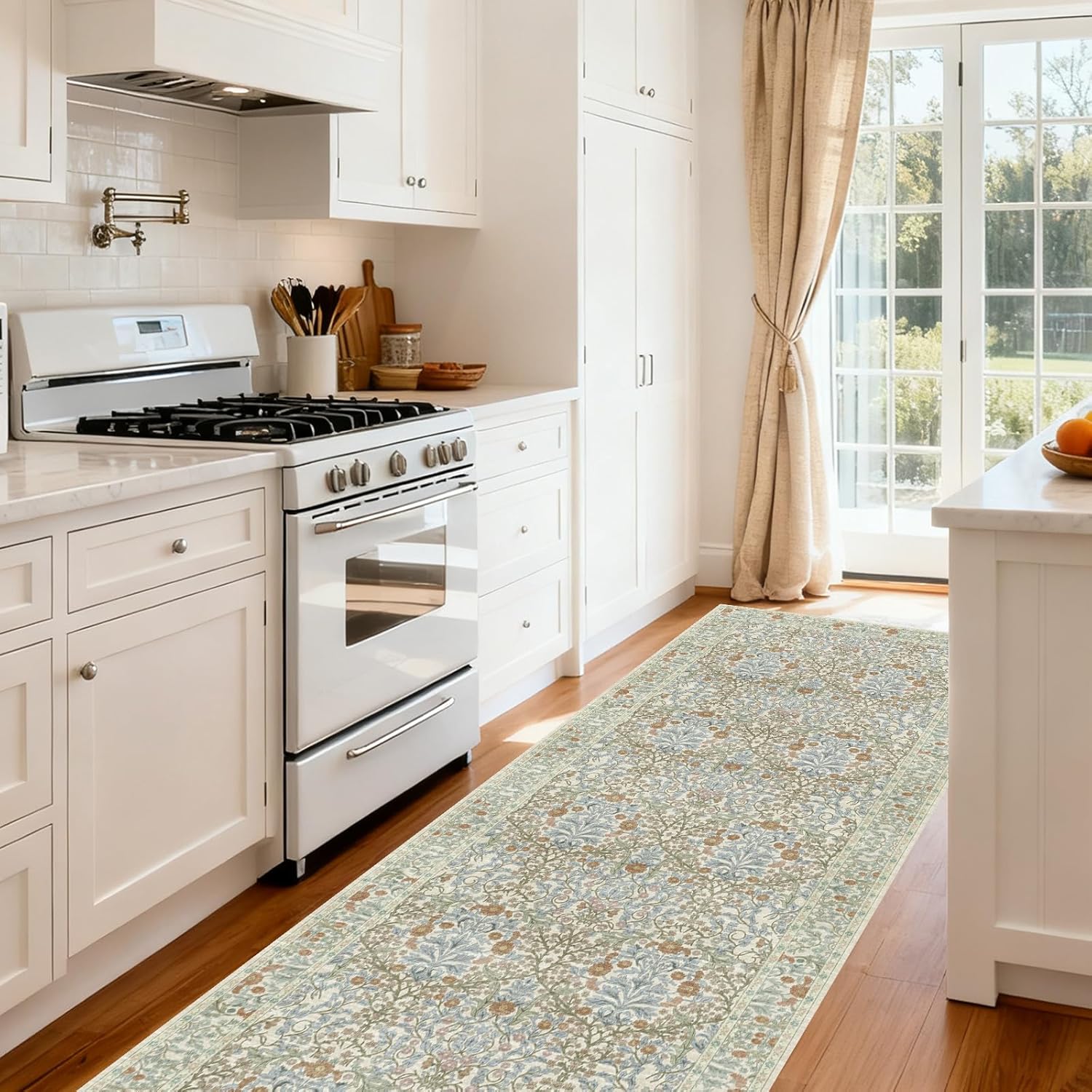 Washable 2' x 6' Runners for Hallways, Non Slip Long Floor Runner for Kitchen, Entryway Indoor, Stain Resistant Rubber Backing Floral Decor Rug (Beige Blue)