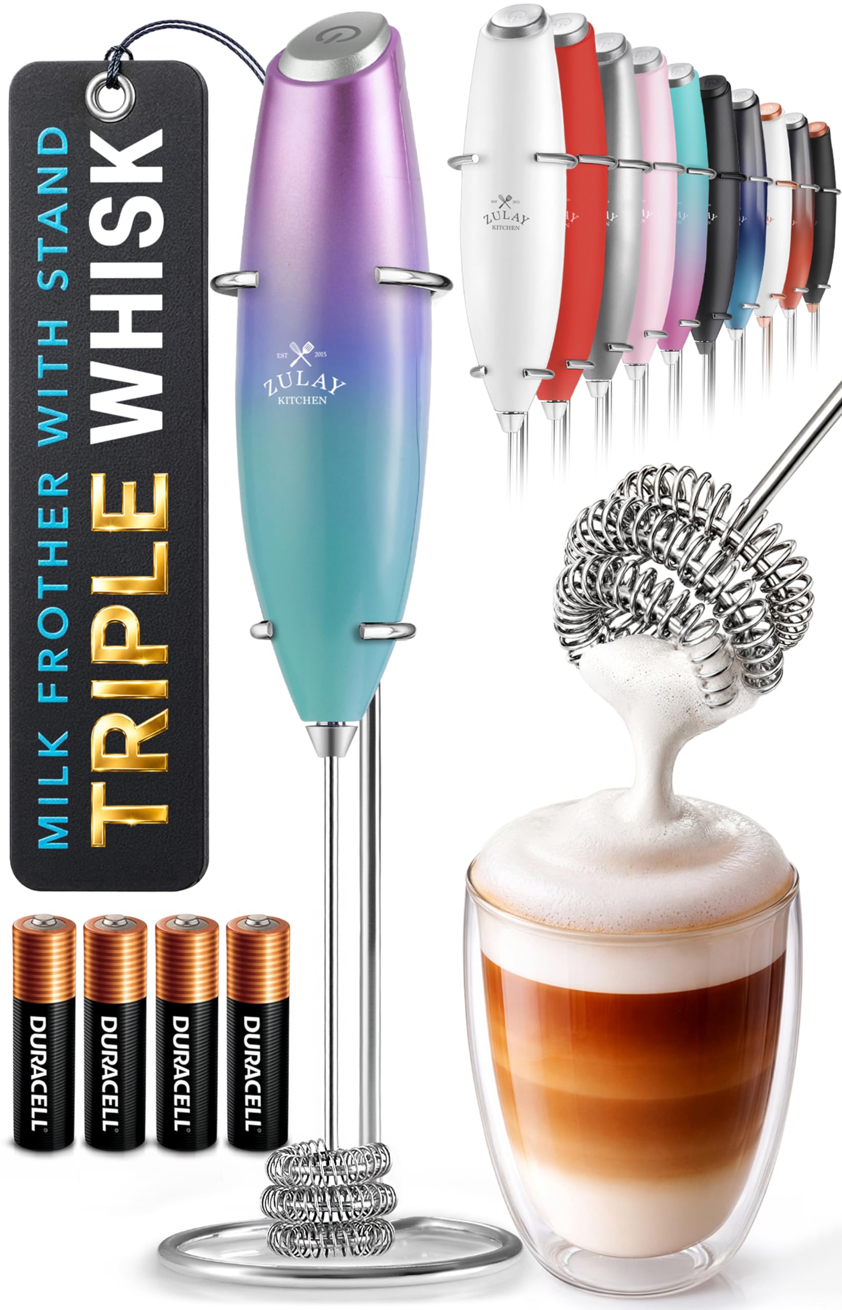 Zulay Kitchen Powerful Milk Frother Wand With Duracell Batteries - Ultra Fast Handheld Drink Mixer - Electric Whisk Foam Maker for Coffee, Lattes, Cappuccino &amp; Matcha - Triple Whisk - Lunar Aurora