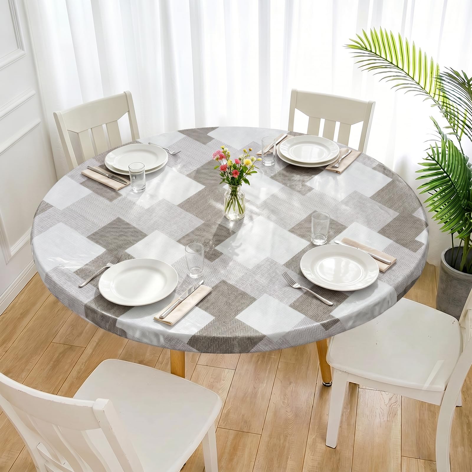 Round Fitted Tablecloth with Elastic Edge, Wipeable Flannel Backed PVC Table Cover for 90-110cm, Waterproof Non Slip Table Protector for Dining Room, Kitchen, Picnic(Grey)