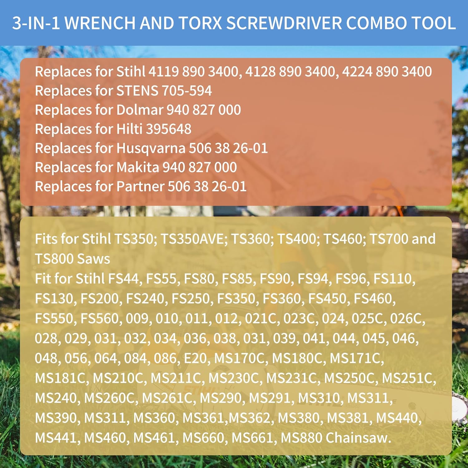 Combination Wrench 19mm x 13mm (3/4" x 1/2"), T-Wrench and T27 Torx Screwdriver Combination Chainsaw Tool, Fit for Stihl TS350, TS350AVE, TS360, TS400, TS460, TS700 and TS800 Cutquik Saws