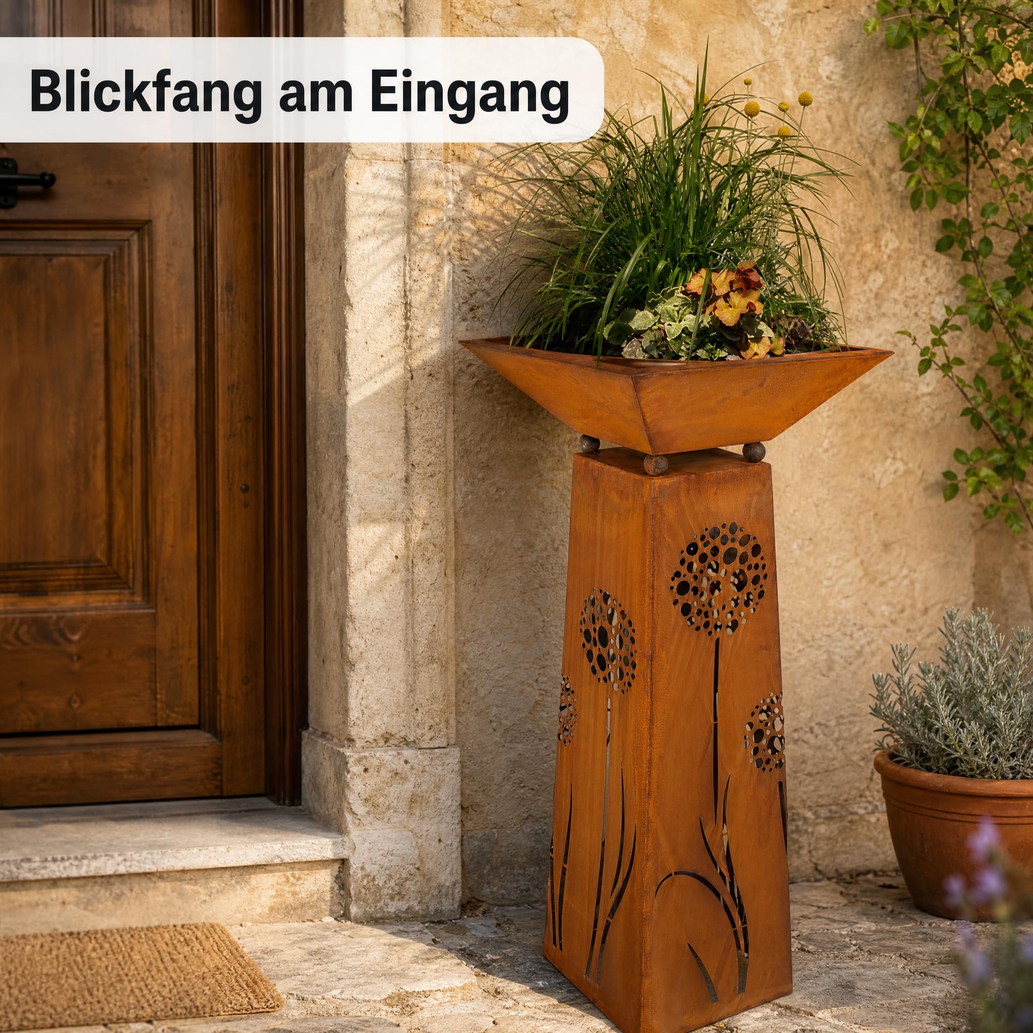 Rostikal Edelrost Pflanzsäule mit Schale 120 cm – Rostige Gartendeko mit Pusteblumen-Motiv – Handgefertigter Blumenständer mit eckiger Pflanzschale 50 x 50 cm - wetterfester Cortenstahl