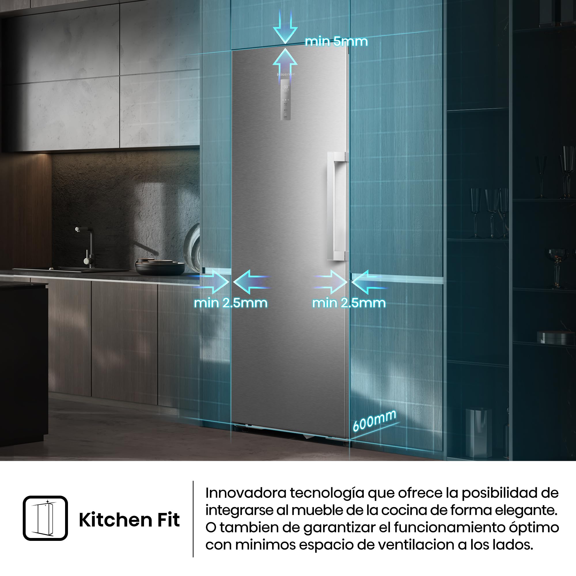 Hisense FT3K310SAIE1 - Congelador Una Puerta Total No Frost Kitchen Fit, 312L, 186cm, Ventilación Inferior, Apertura de Puerta 90º, Metal-Tech Cooling, Tirador de Apertura Fácil, WiFi, Inox
