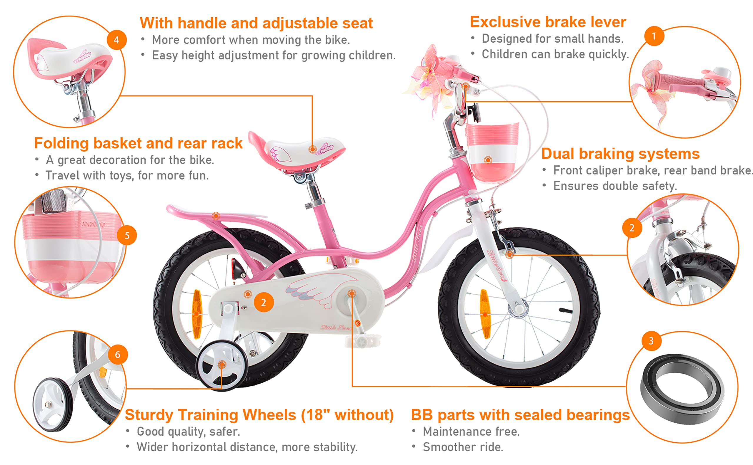 RoyalBaby Little Swan Bicicleta Infantil para niña, Ruedas estabilizadoras, 12, 14, 16, 18 Pulgadas, a Partir de 3-10 años, Color Rosa