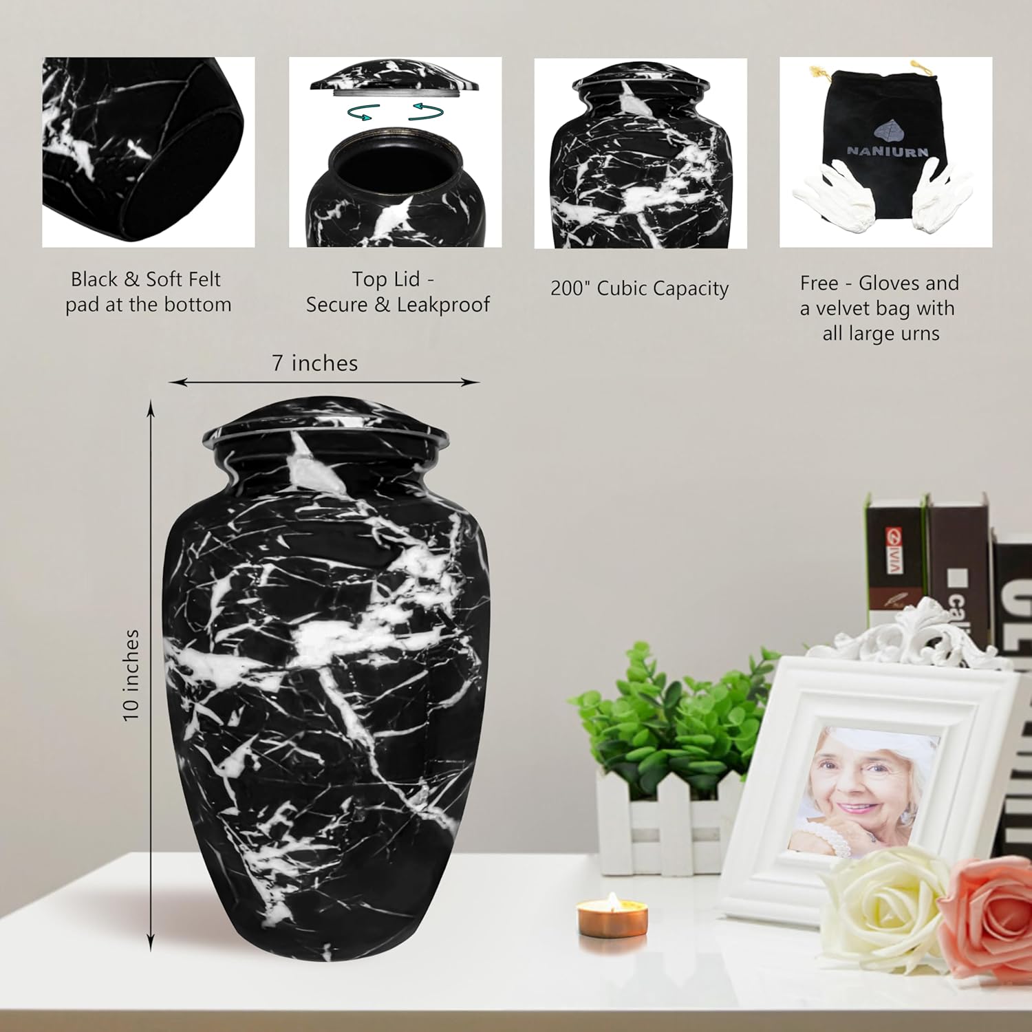 Urns for Ashes for Adults Male/Women, Funeral Urns for Ashes, Memorial Urn, Erns, Large Metal Black and White Marbel Finsih Urn
