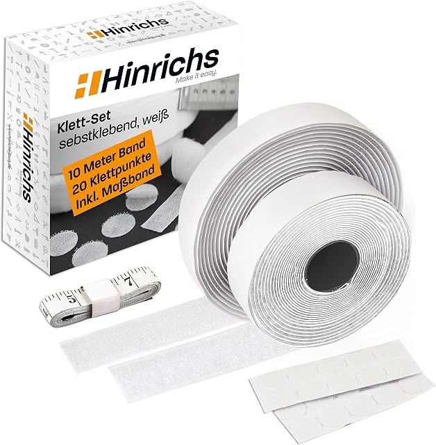 Hinrichs Adhesive Hook and Loop Tape Set White - 1x Self-Adhesive Heavy Duty Double Sided Tape 10m Long and 2cm Wide + 20x Self-Adhesive Hook and Loop Points Ø 2cm Hook and Loop Fastener - Sticker