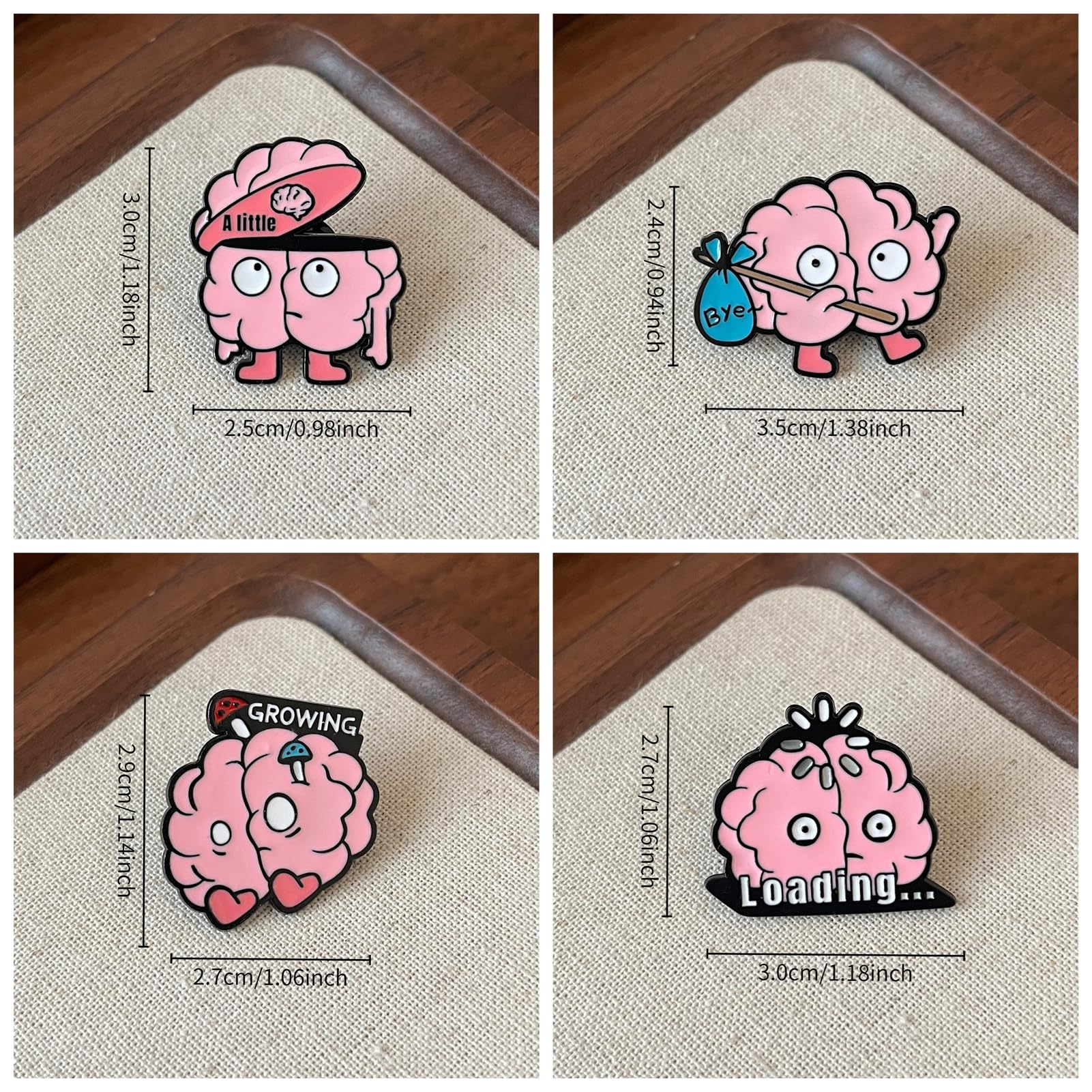 4PCS Fun Brain-Shaped Metal Pins - Neuroscience Enthusiast Gift, Clothing & Bag Accessories with Cute Expressions (Loading, Bye, Growing, A Little)
