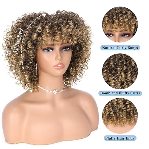 Miniatura 4 de Peluca rizada afro con flequillo, peluca corta rizada para mujer, rubio degradado, pelucas rizadas sintéticas hasta el hombro, peluca afro sin