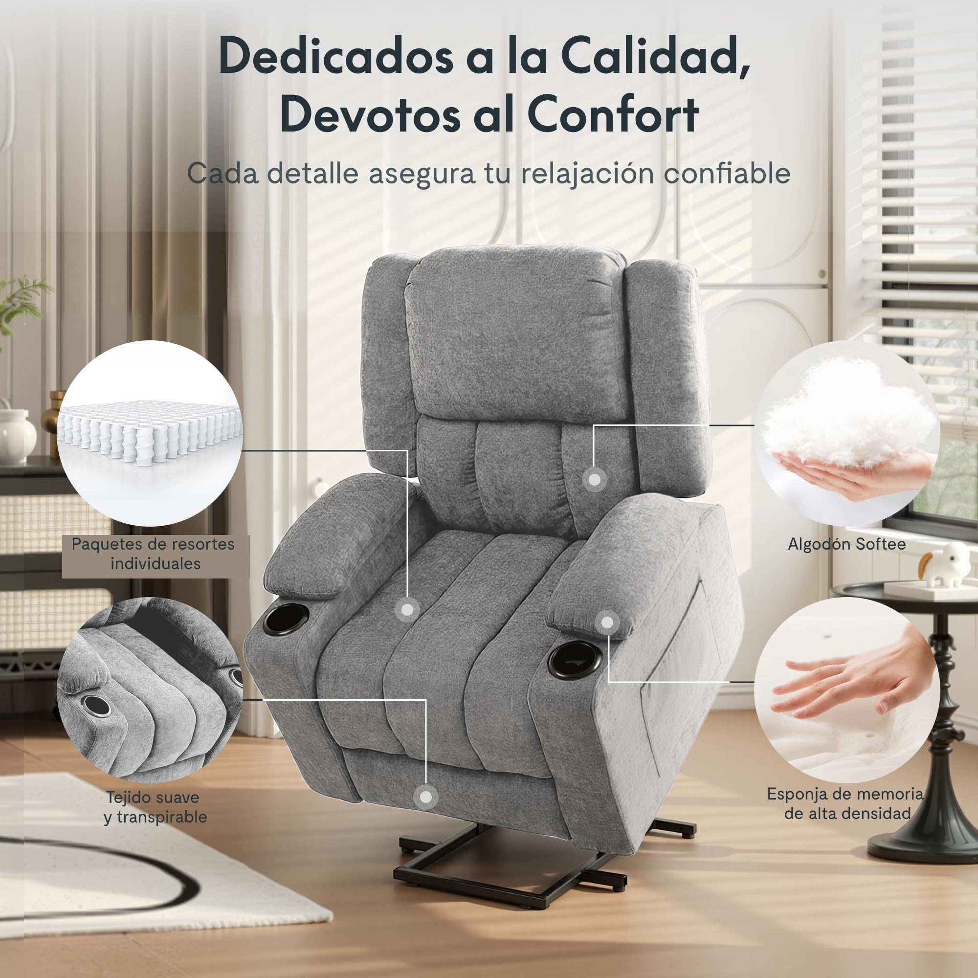 FLEXISPOT XL6 Sillón Relax Eléctrico con Levantapersonas, Masaje 8 Puntos y Calor, Reclinable 105°-165°, USB y Type-C, 2 Portavasos y Bolsillos, Sofá Individual Acolchado, hasta 200 kg, Gris Claro