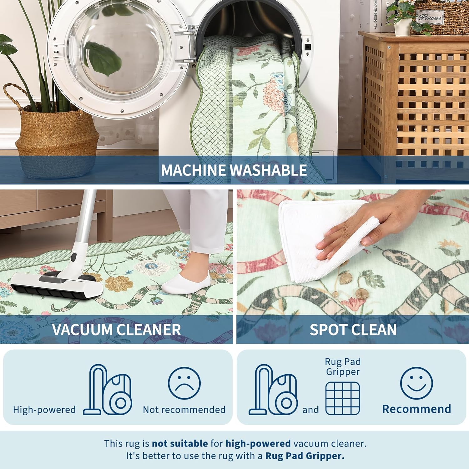 Garvee Snake Washable Area Rugs 5x7 Boho Scalloped Living Room Rugs, Botanical Floral Bedroom Rug, Stain-Resistant Low Pile Floor Carpet for Dining Room Dorm Nursery Playroom Farmhouse Office,Green