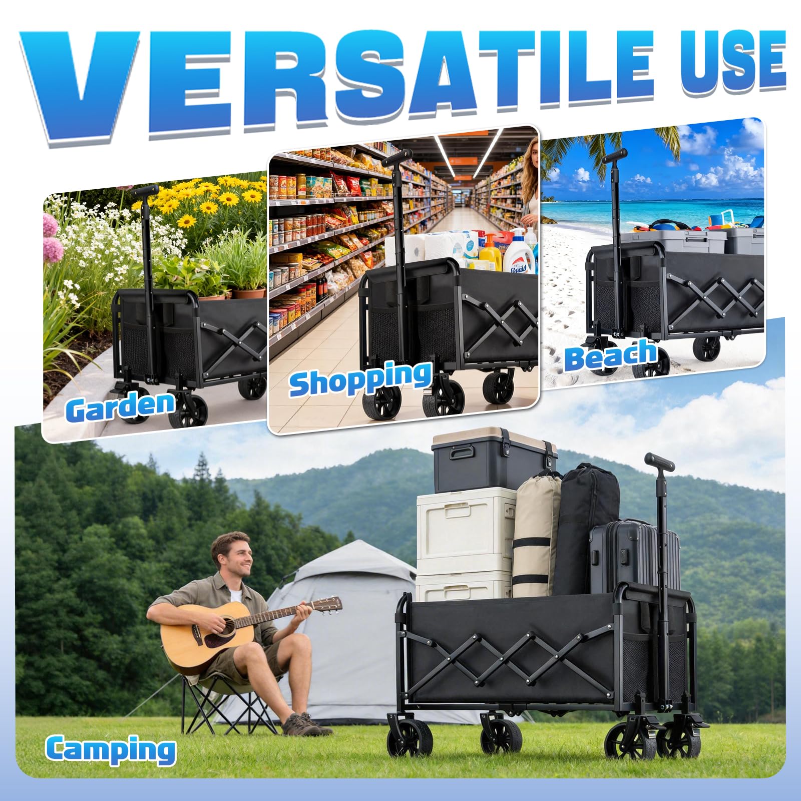 Carrello pieghevole pieghevole con ruote, resistente, 163,3 kg, portatile, pieghevole, con freni girevoli a 360°, ruote e portabicchieri, per campeggio, spiaggia, generi alimentari e giardino