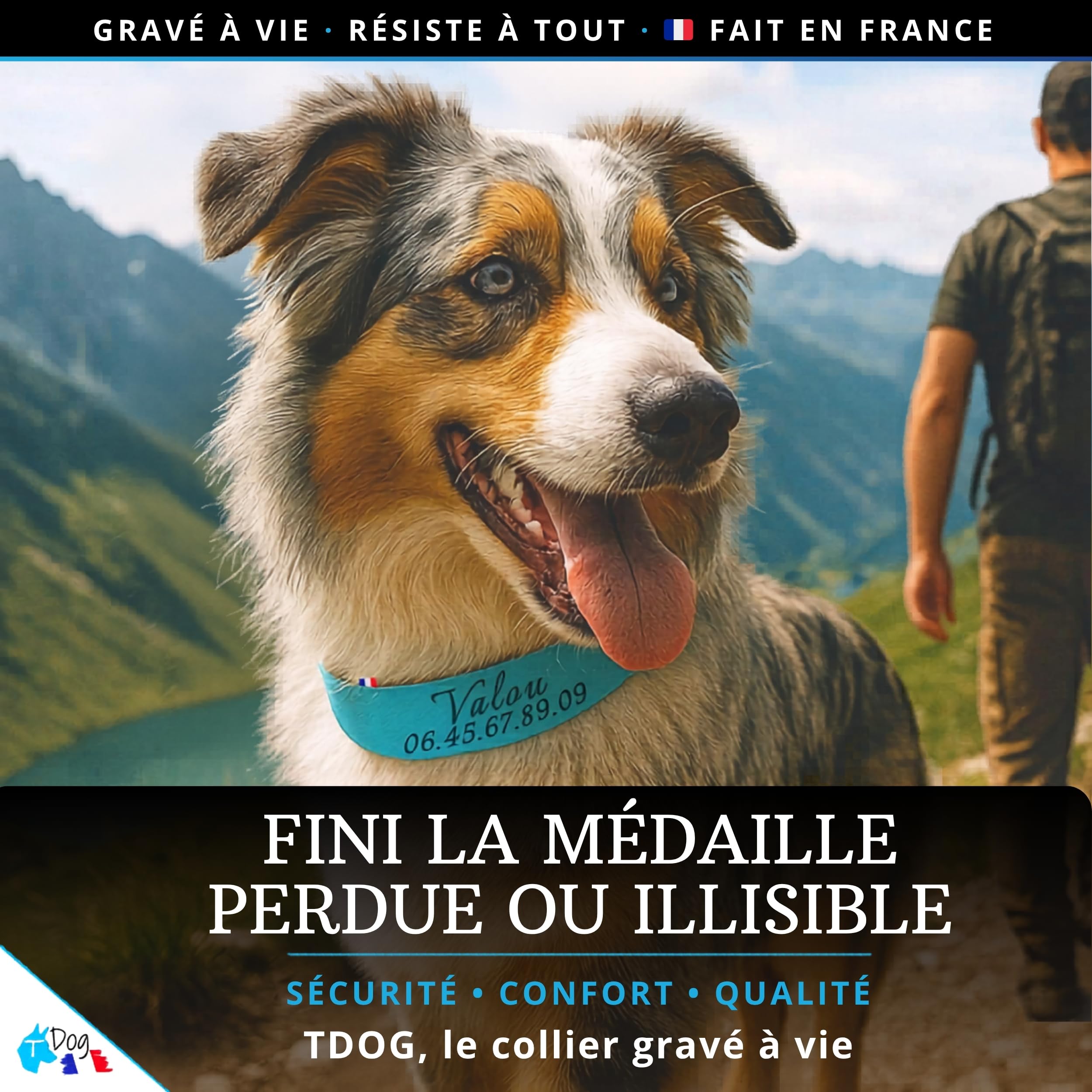 Collier Chien personnalisé Biothane - Fait Main France - Collier gravé au Laser - Gravure prénom et numéro téléphone - Sport Chasse Rando - Collier étanche et résistant pour Chien - TDOG (Rouge)