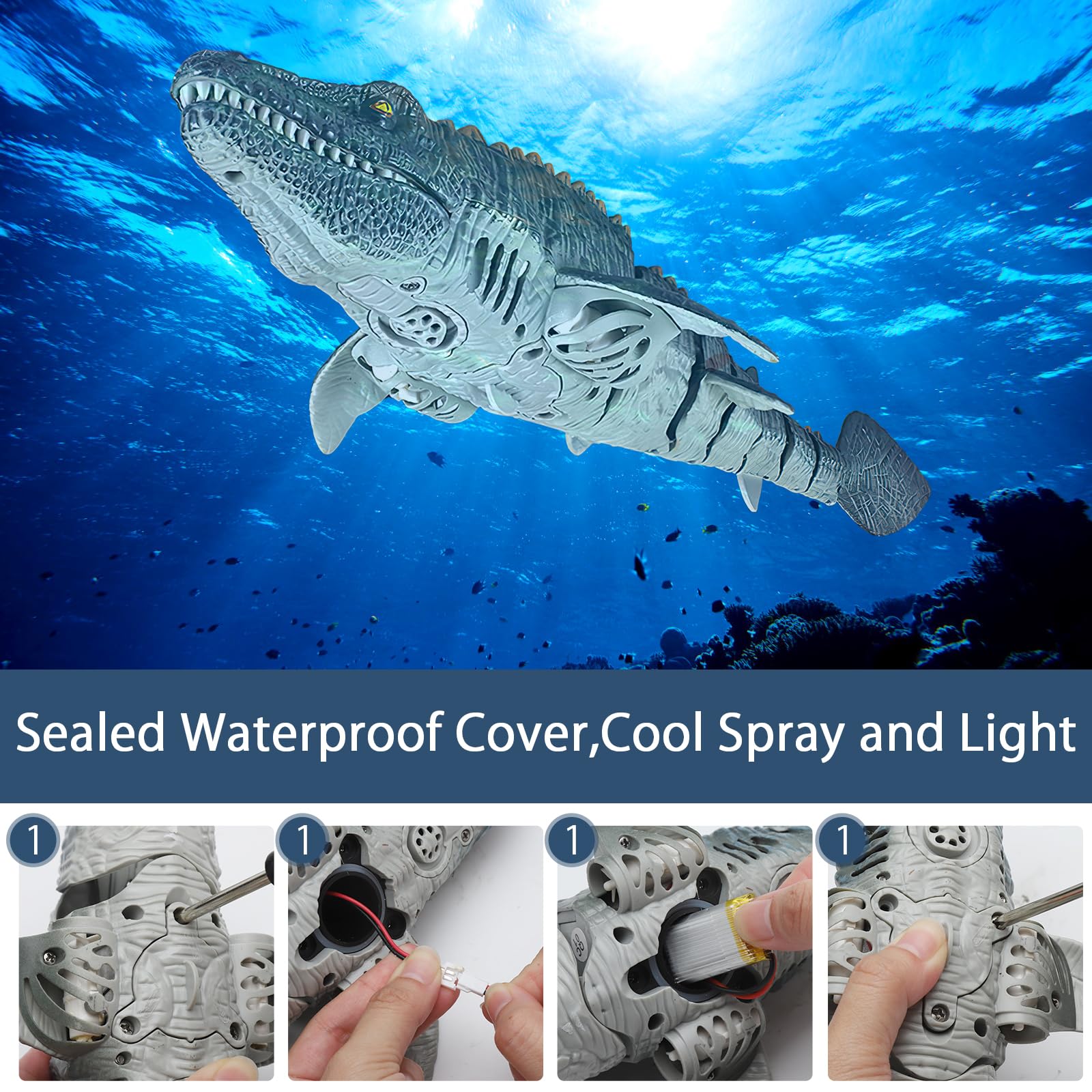 DAWRIS Mosasaurus, barca telecomandata, 2,4 GHz, impermeabile, a U per bambini dai 6, radiocomandata a distanza con luce LED e nebulizzazione, doppia elica giocattolo per piscina Pond