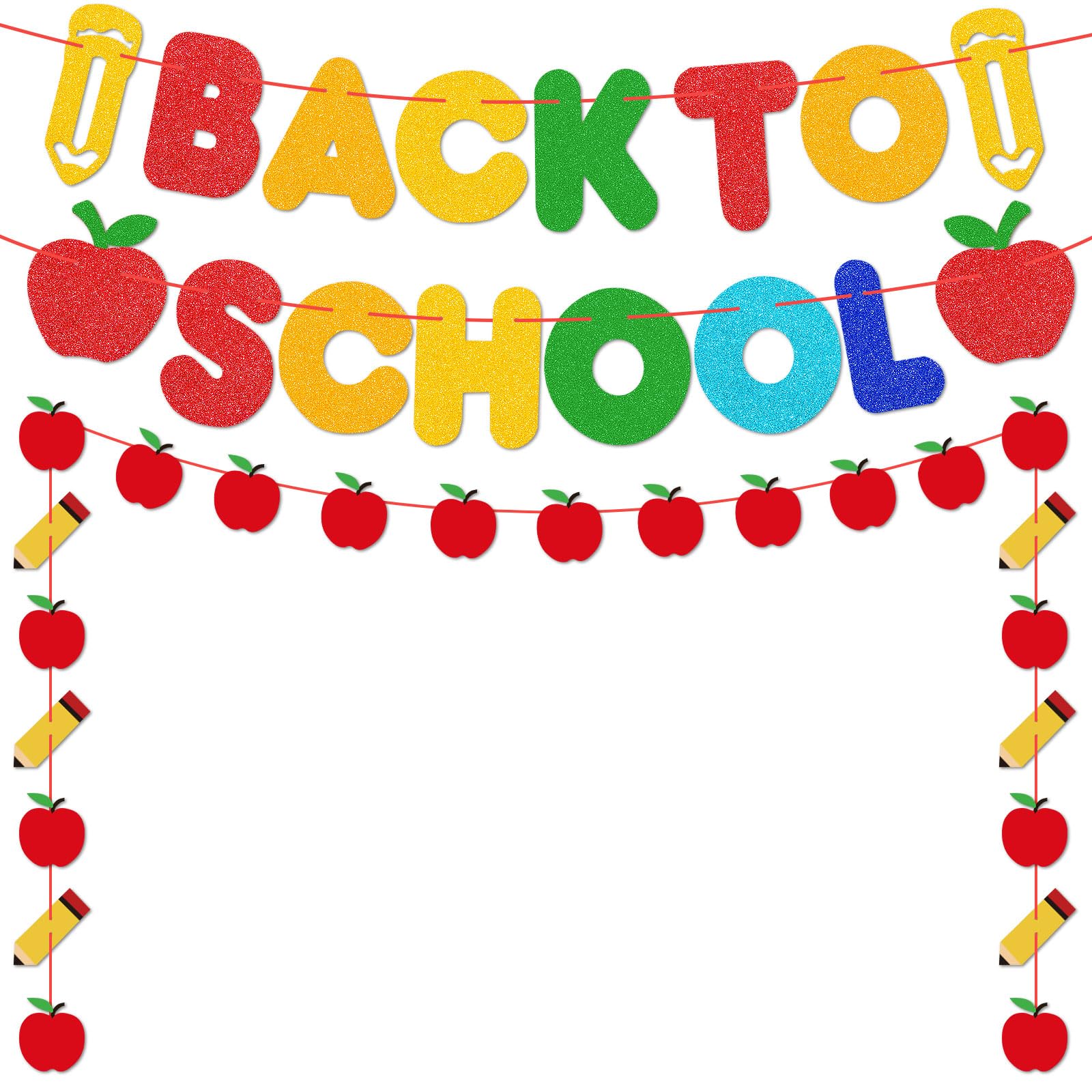 Glitter Back to School Banner Decorations Set,Colorful Pencil Apple Garland