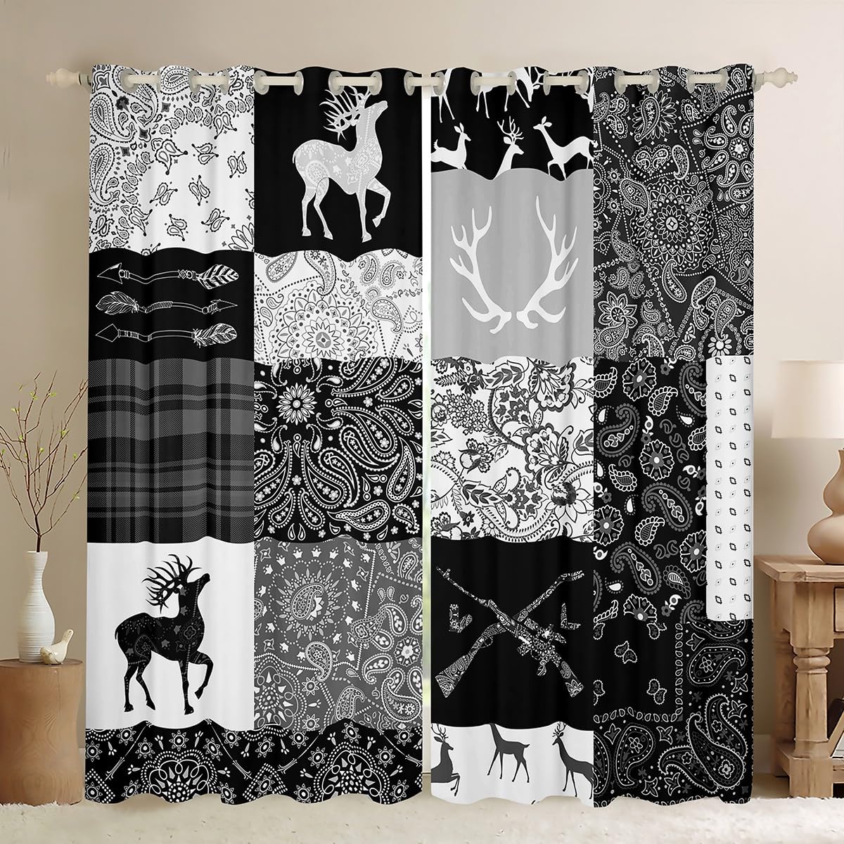 Homemissing Cute Deer Curtains for Bedroom Living Room Deer Hunting Blackout Curtains (2 Panels,W52*L63) Antlers Darkening Blackout Curtain Decor Western Farm Window Treatment Black Grey White