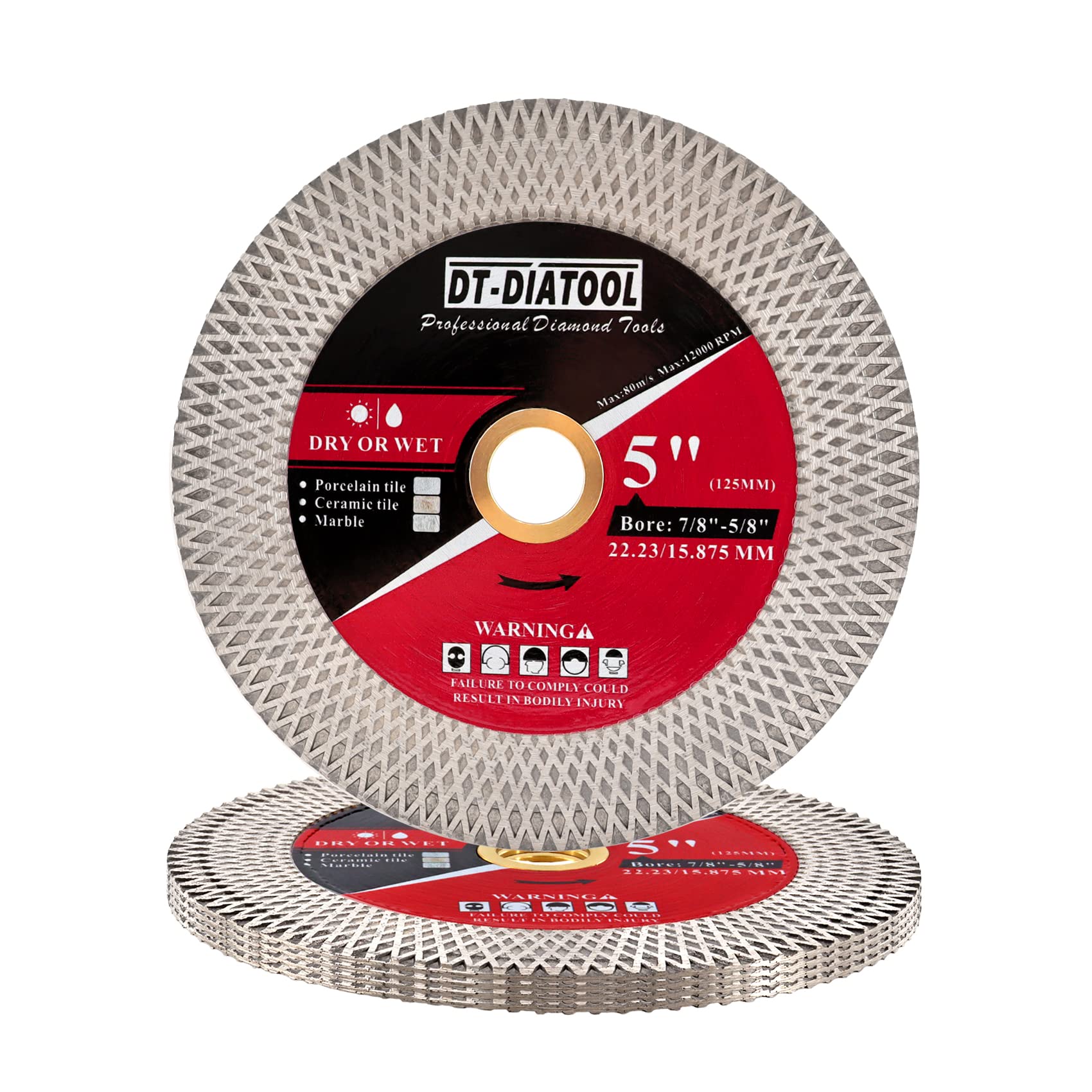 DT-DIATOOL Diamond Tile Cutting Discs 125mm Bore 22.23mm - Double-Sided X Mesh Cutting & Grinding Discs for Porcelain Marble Artificial Stone (5-Pack)