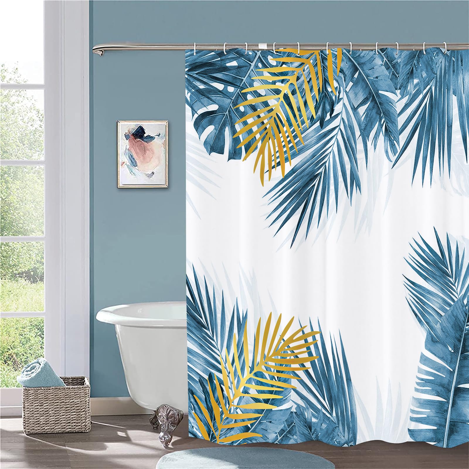JOOCAR Blue Leaf Shower Curtain for Bathroom Blue Gold Tropical Plam Leaf Plant Curtain Polyester Fabric Waterproof Shower Curtain Set including 12 Hooks - Image 3