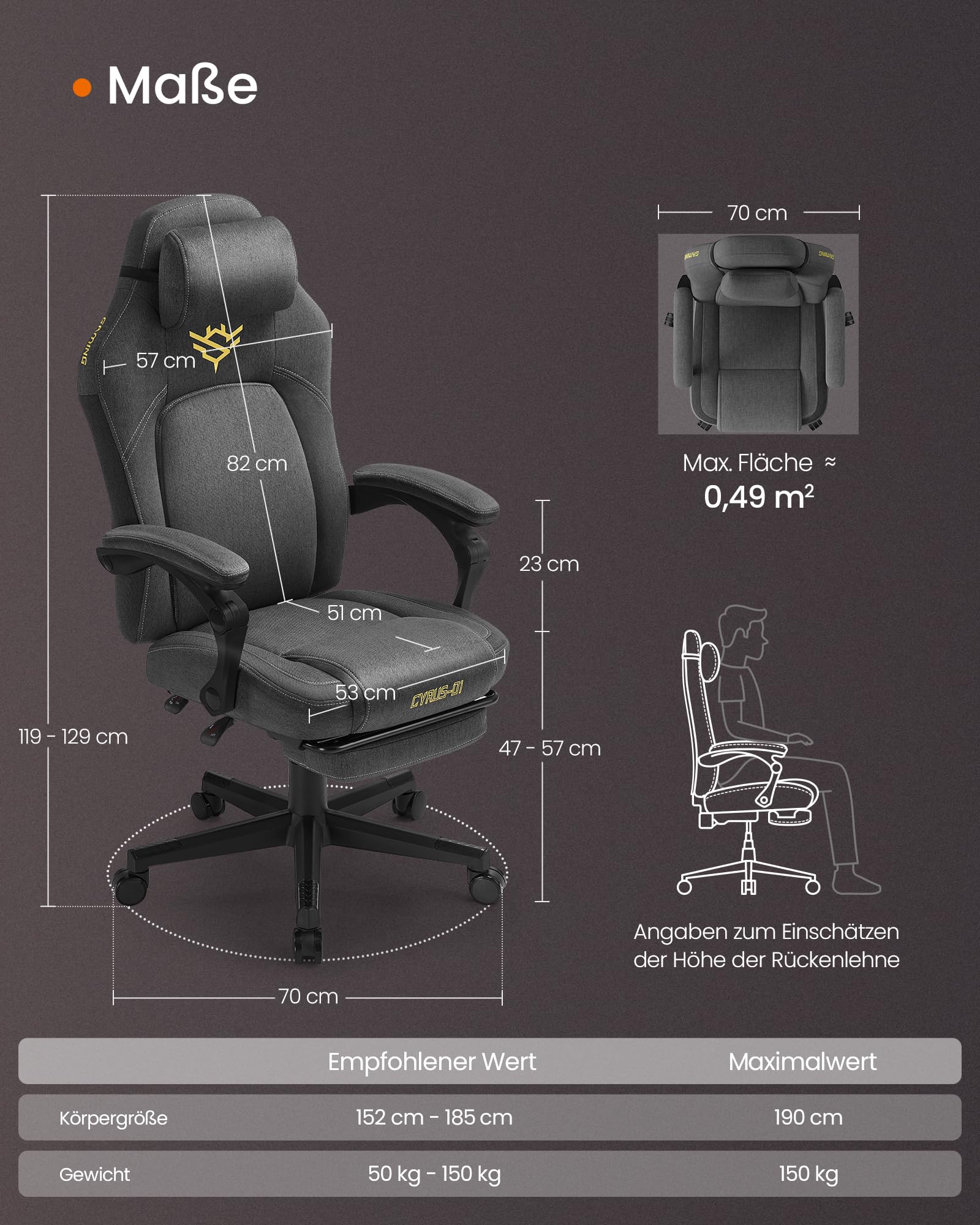 SONGMICS HOME Gaming-Stuhl, ergonomischer Computerstuhl mit Fußstütze, Bürostuhl, Drehstuhl mit Kopfkissen, Baumwoll-Leinen-Mischgewebe, höhenverstellbar, Taubengrau OBG072G01