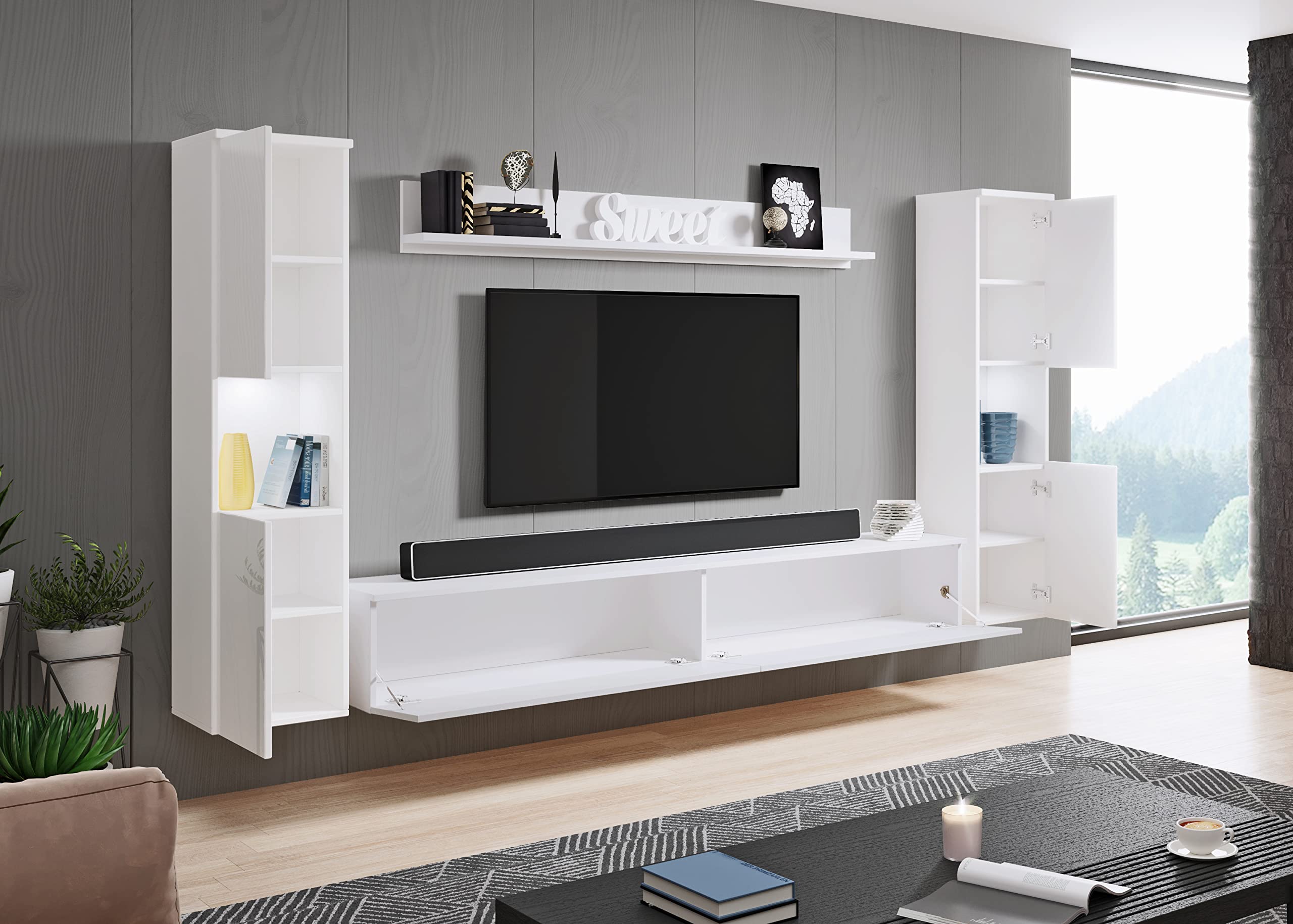 PIASKI Conjunto de Muebles de salón Paris XL, iluminación LED Opcional, Juego de Muebles de salón, Muebles de salón Modernos (Blanco/Blanco Brillo)