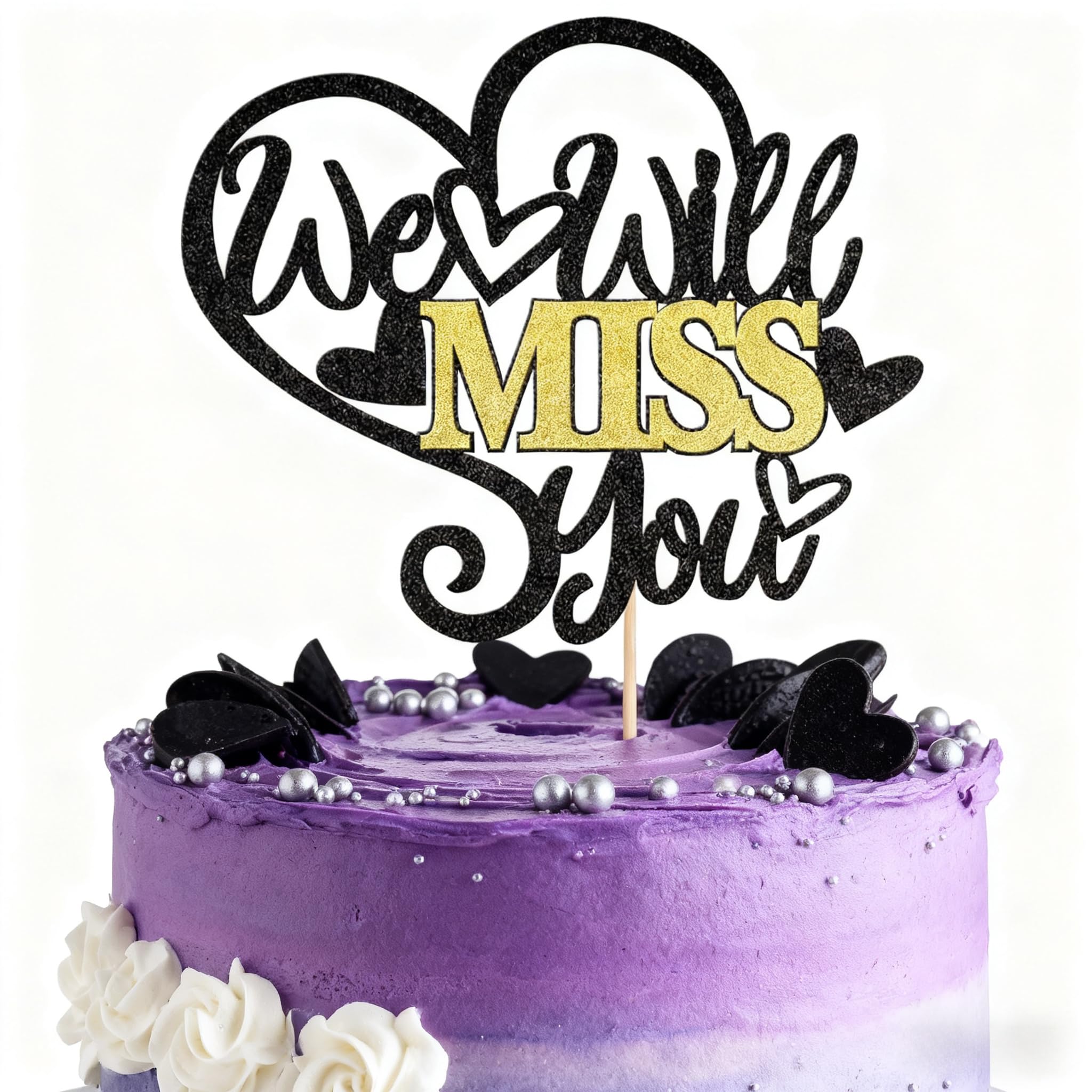 KSHGTB 1 PCS We Will Miss You Cake Topper Black Glitter Heart Good Luck Cake Pick Decoration for Going Away Farewell Retirement Graduation Theme Party Cake Decorations Supplies