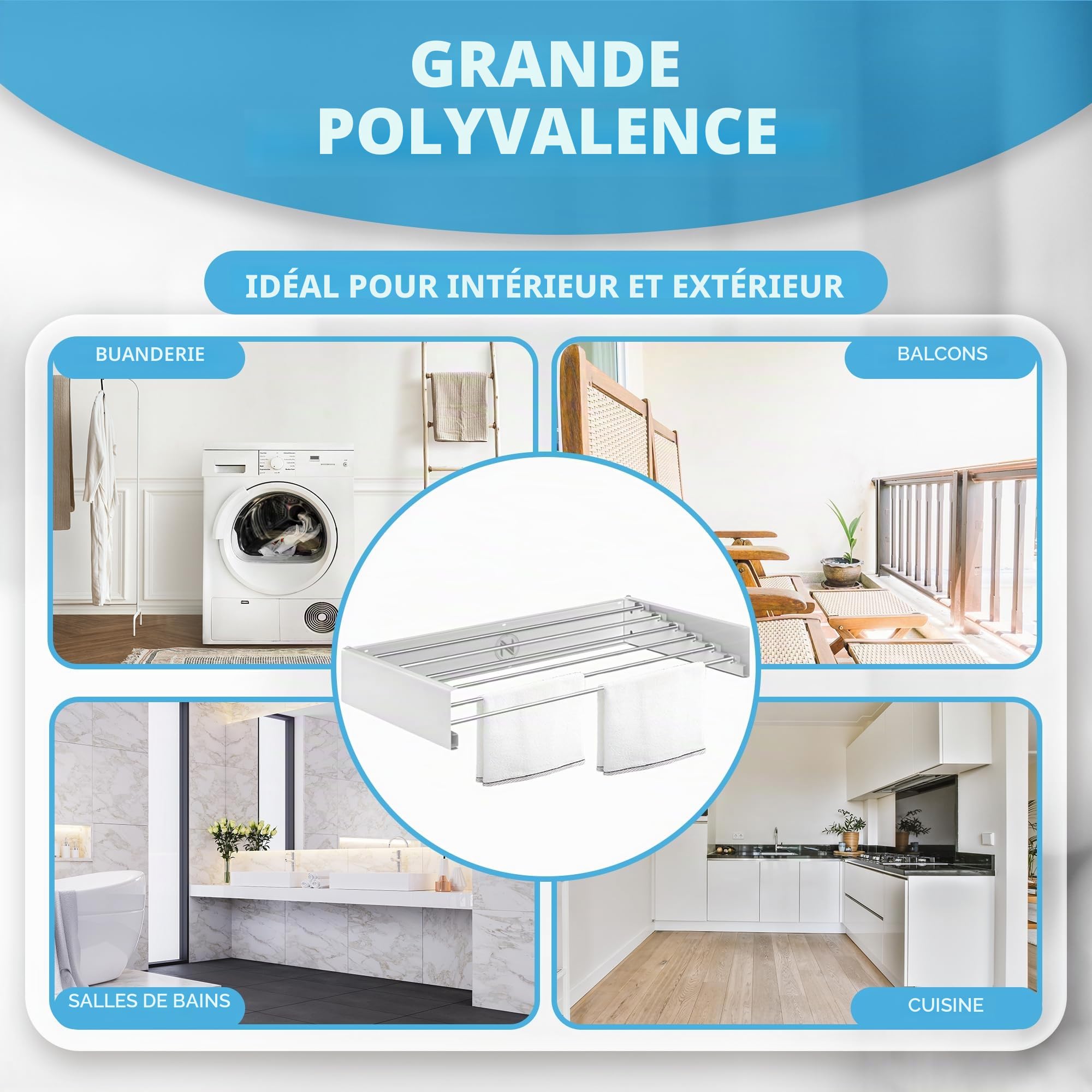 N 18.28 - Étendoir extensible mural rétractable - Étendoir pliable mural pour intérieur ou extérieur - Économie d'espace - Compact - 35 kg de capacité - 6 tiges - 100 cm (blanc)