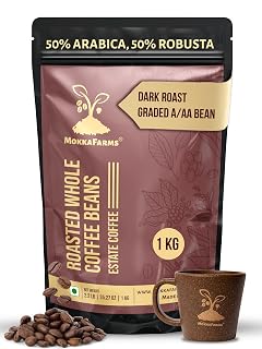 MokkaFarms Roasted Whole Coffee Beans 1Kg | 50% Arabica & 50% Robusta | Dark Roast, Sundried/Cherry, A/AA Grade | Freshly Roast Estate Coffee | Strong Flavor & Aroma | Farm to Fork Quality