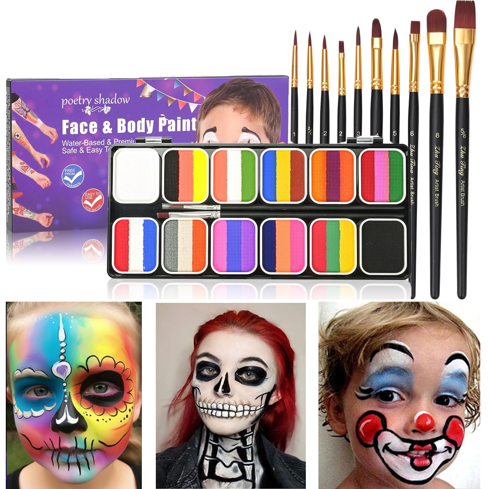 Holzsammlung Face Body Paint Oil Palette + 12PCS Brushes Set, Professional Non Toxic Face Painting Pallet Kit for Halloween SFX Cosplay Clown Makeup for Women Adults