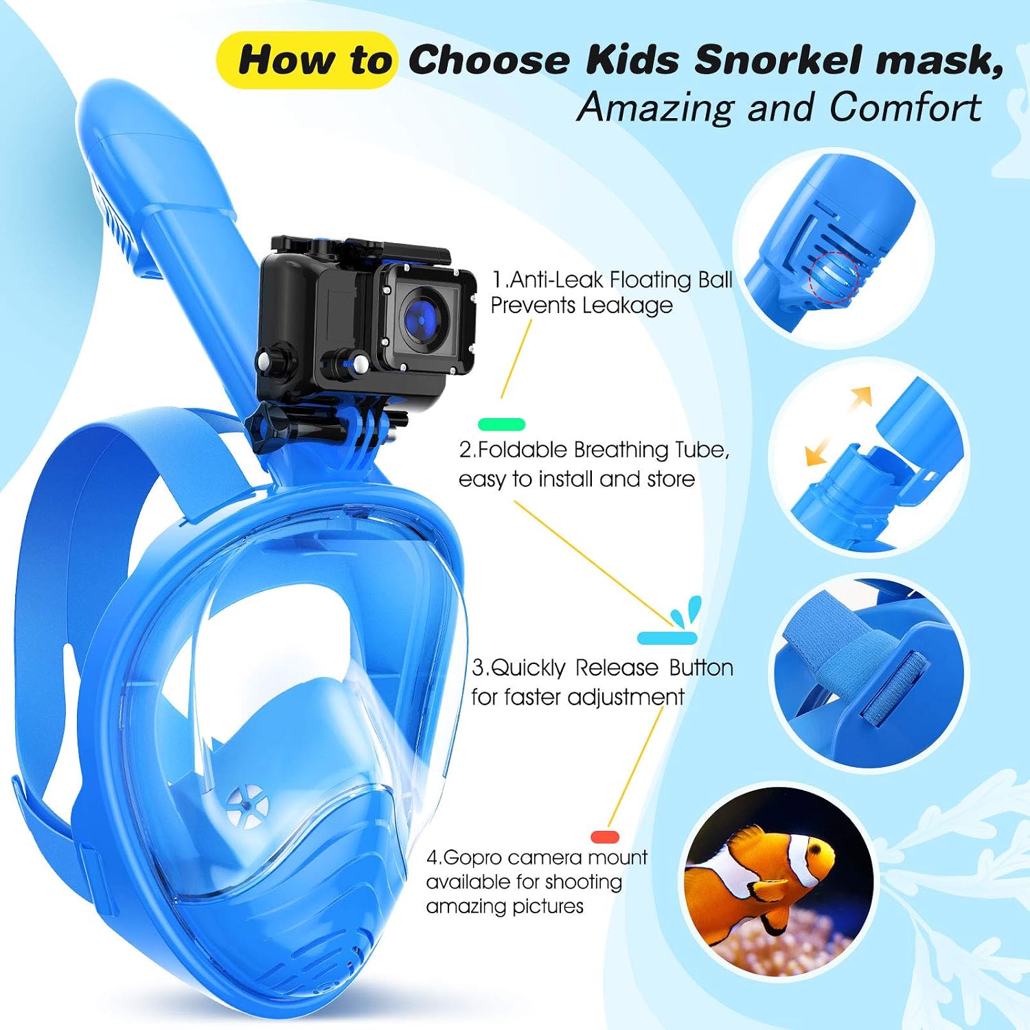 Greatever Full Face Snorkel Mask for Kids,Foldable 180 Degree Panoramic View Easy Breathing Snorkeling Set with Detachable Camera Mount, Anti-Leak & Anti-Fog Design,Snorkeling Gear for Kids