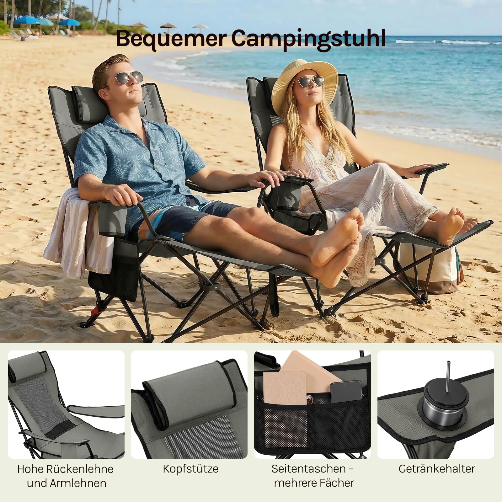 WOLTU Campingstuhl Faltbar 2er Set mit Fußablage, 3 Positionen Verstellbar, mit Getränkehalter Seitentasche, bis 150 kg belastbar, für Camping Angeln Picknicks Strand,Grau