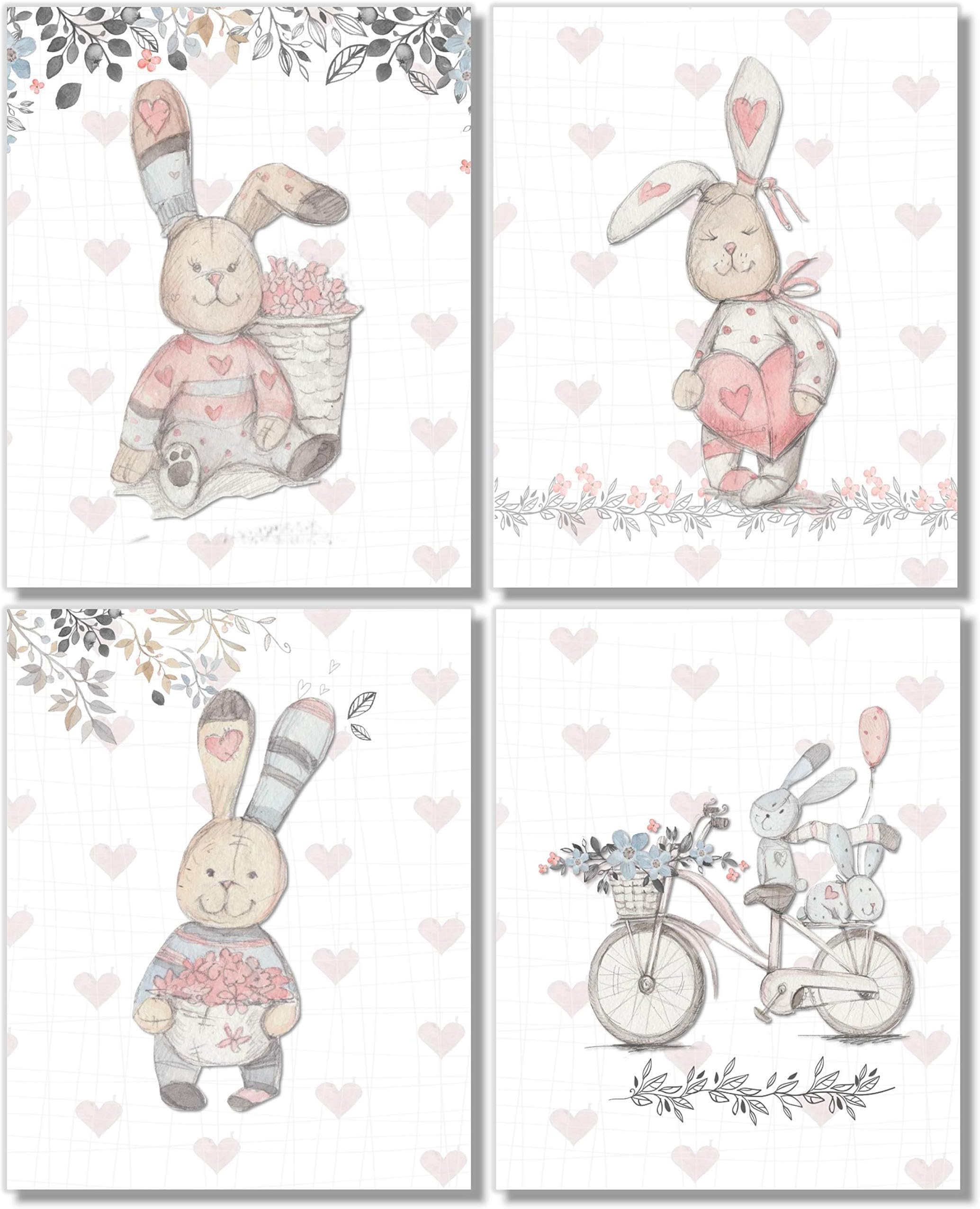 Nursery Kids Wall Decor - Bunny Rabbit Art Prints - (Set of 4) - 8x10 - Unframed