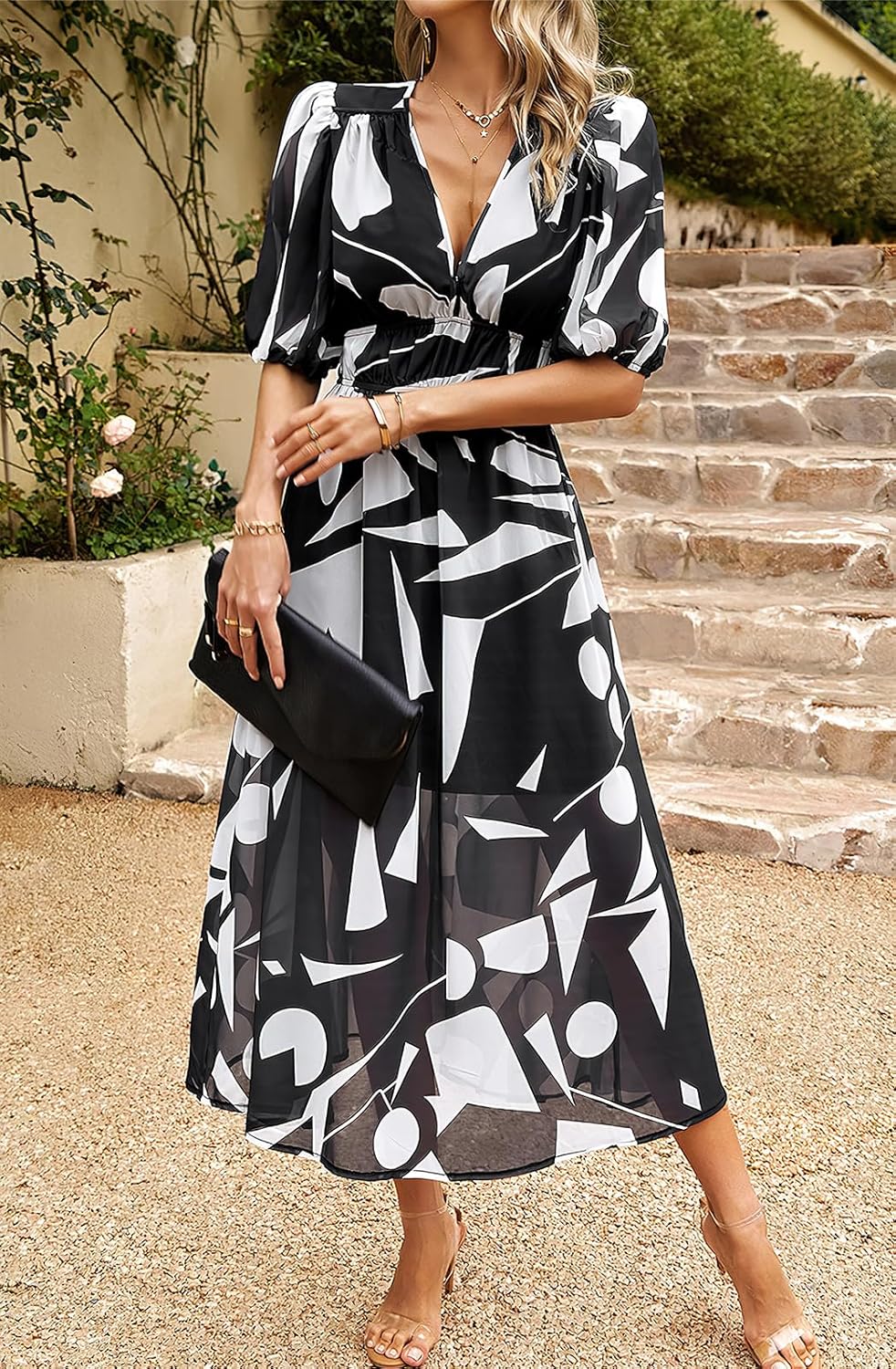 ebossy Women's Boho Floral Print Chiffon Dress Short Sleeve V Neck Girdle Waist Beach Maxi Long Dresses - Image 3