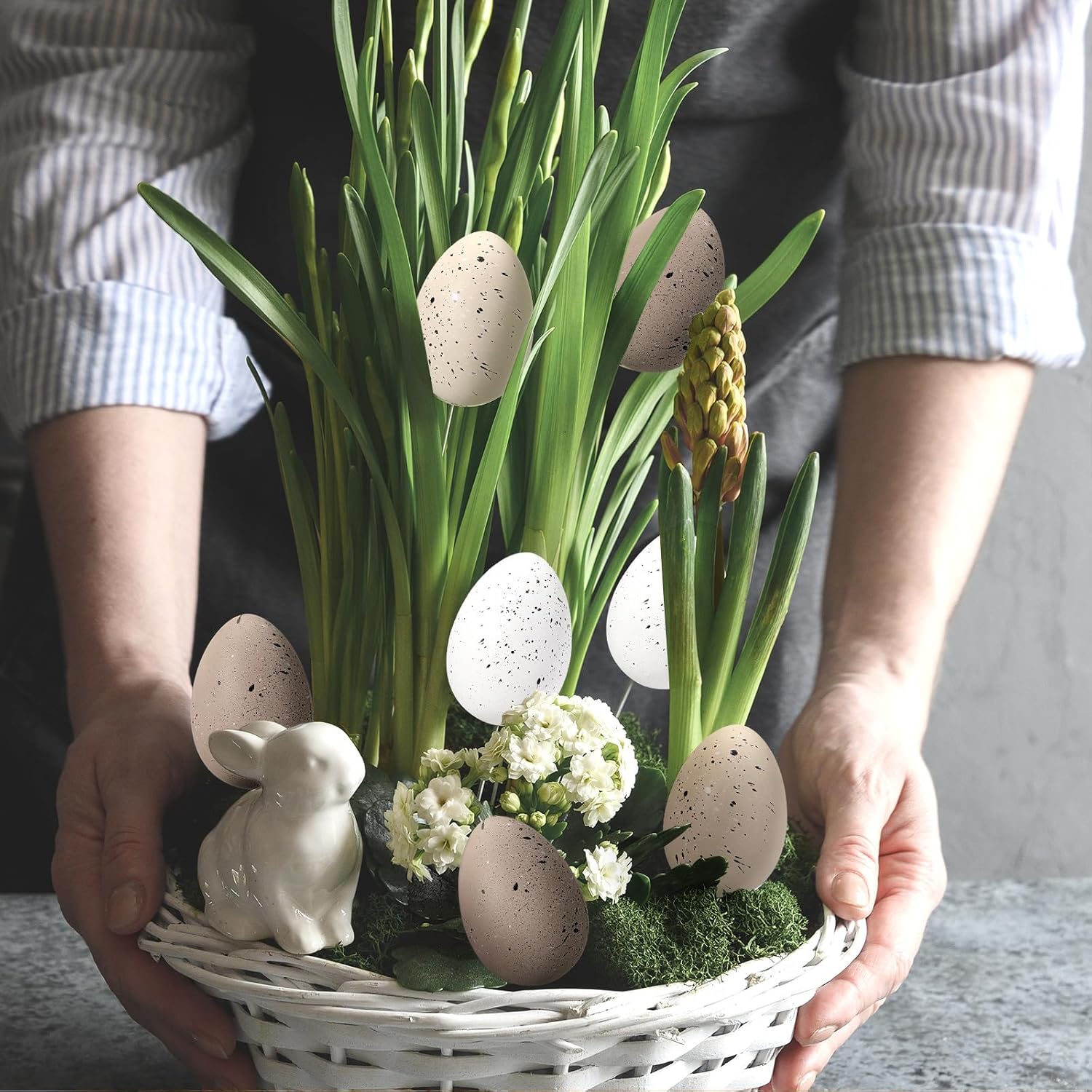 Weysat 32 Pcs Easter Speckled Eggs Neutral Plastic Fake Chicken Eggs 2.36'' Textured Easter Decor Pastel Bowl Vase Fillers Farmhouse Spring Decorations for Vintage Home Table DIY Craft (Brown)