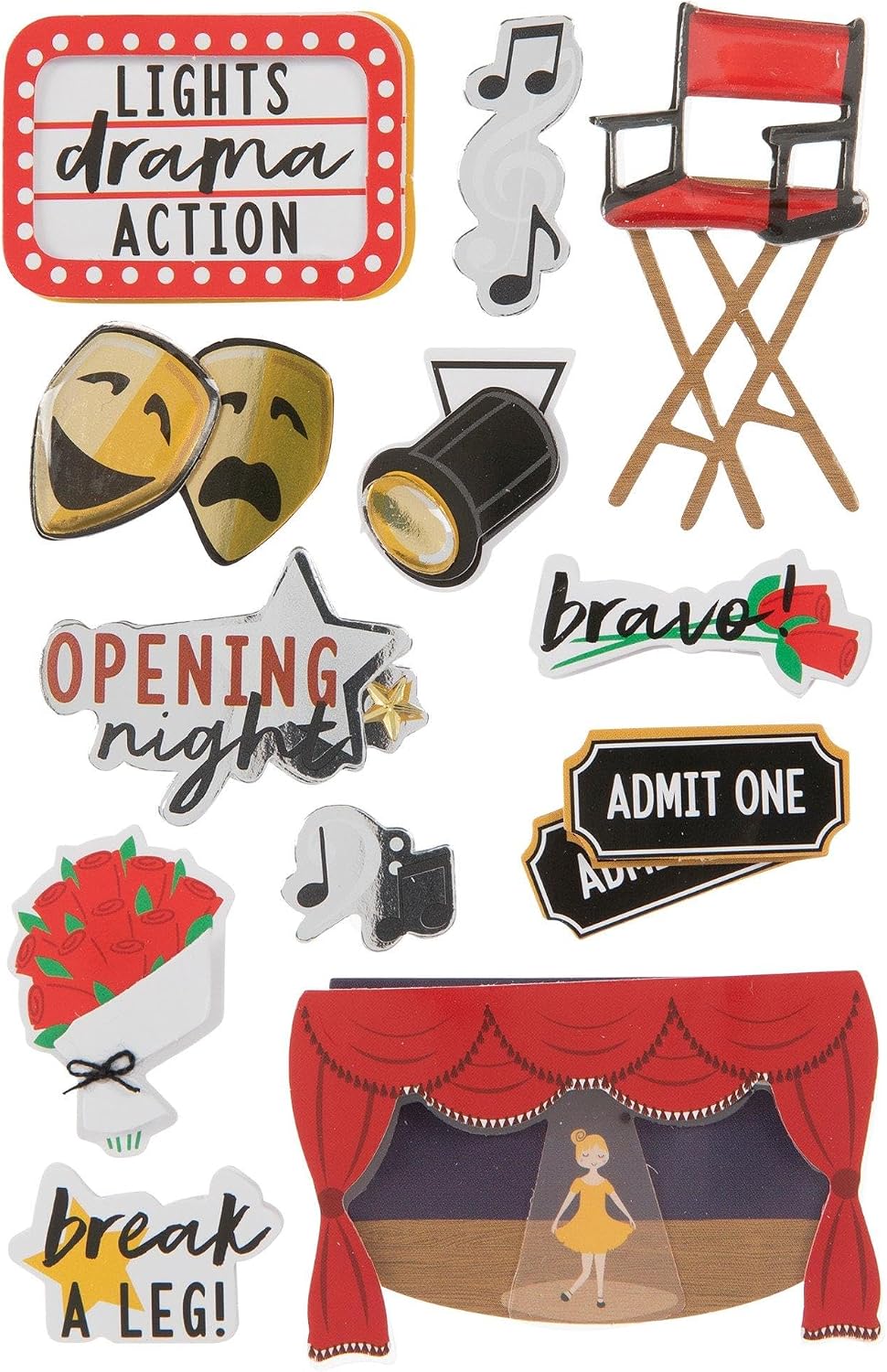 Theater Foil 3D Stickers for Journaling, Scrapbooking, Cardmaking, Arts & Crafts - 12 Pieces
