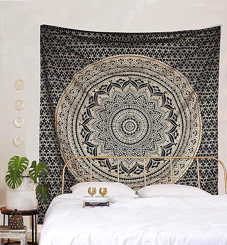 Miniatura 1 de raajsee Tapiz de mandala negro dorado para dormitorio, tapiz estético, tapiz de pared indie, decoración de habitación hippie, tapices bohemios,