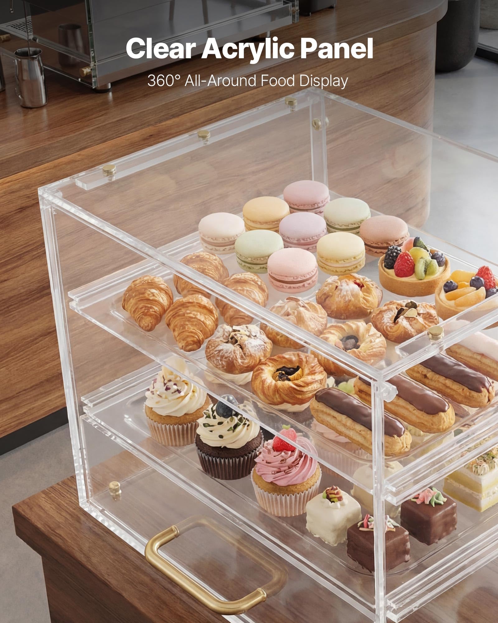 VEVOR Vetrina per Pasticceria 3 Ripiani da Banco, Espositore per Panetteria in Acrilico Trasparente con Anta a Ribalta, Vetrina Portapane in Acrilico per Torte Biscotti Dolci 330 x 260 x 260 mm