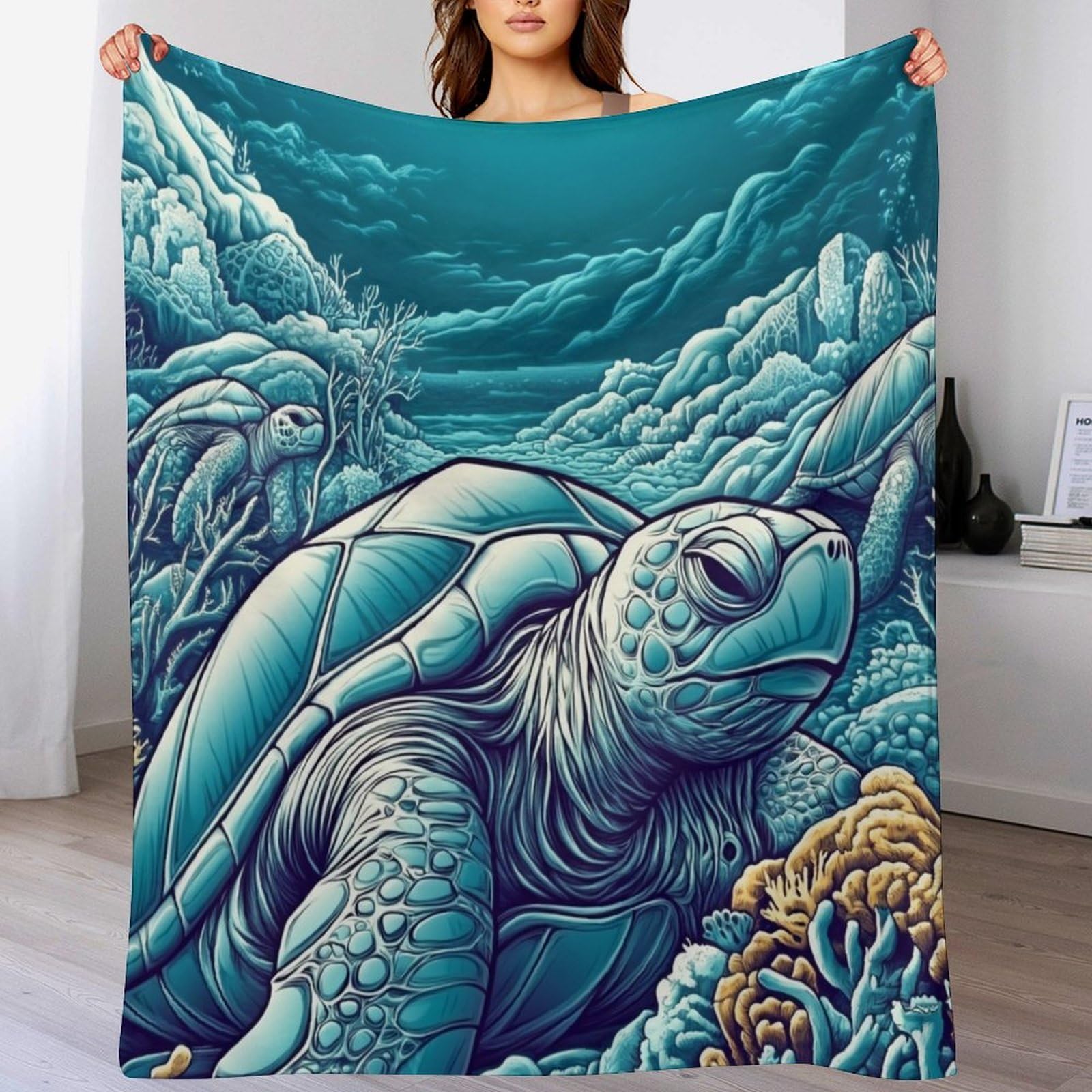 Plaid Canapé Peluche Poissons Marins Jeté de Lit Léger Tortue de Mer