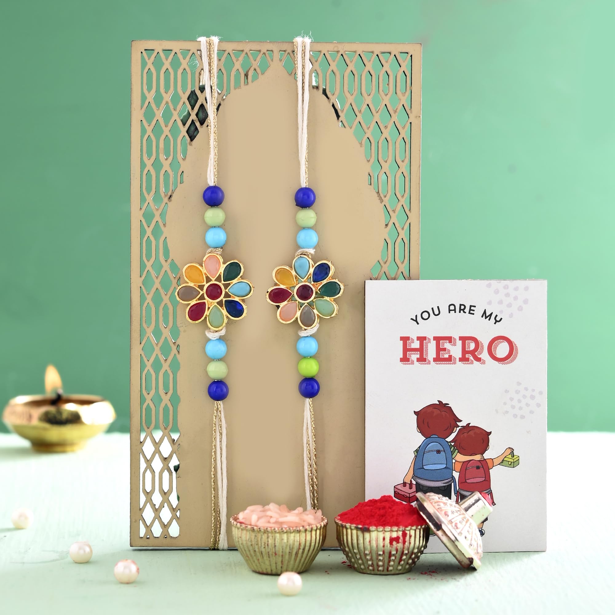 ascension Pack of 2 Flower Rakhi for Brother and Bhabhi Rakhshabandhan Gift for Bhaiya Rakhi for Brother Rakhi with You are My Hero Fridge Magnet & Roli Tilak-picture-7