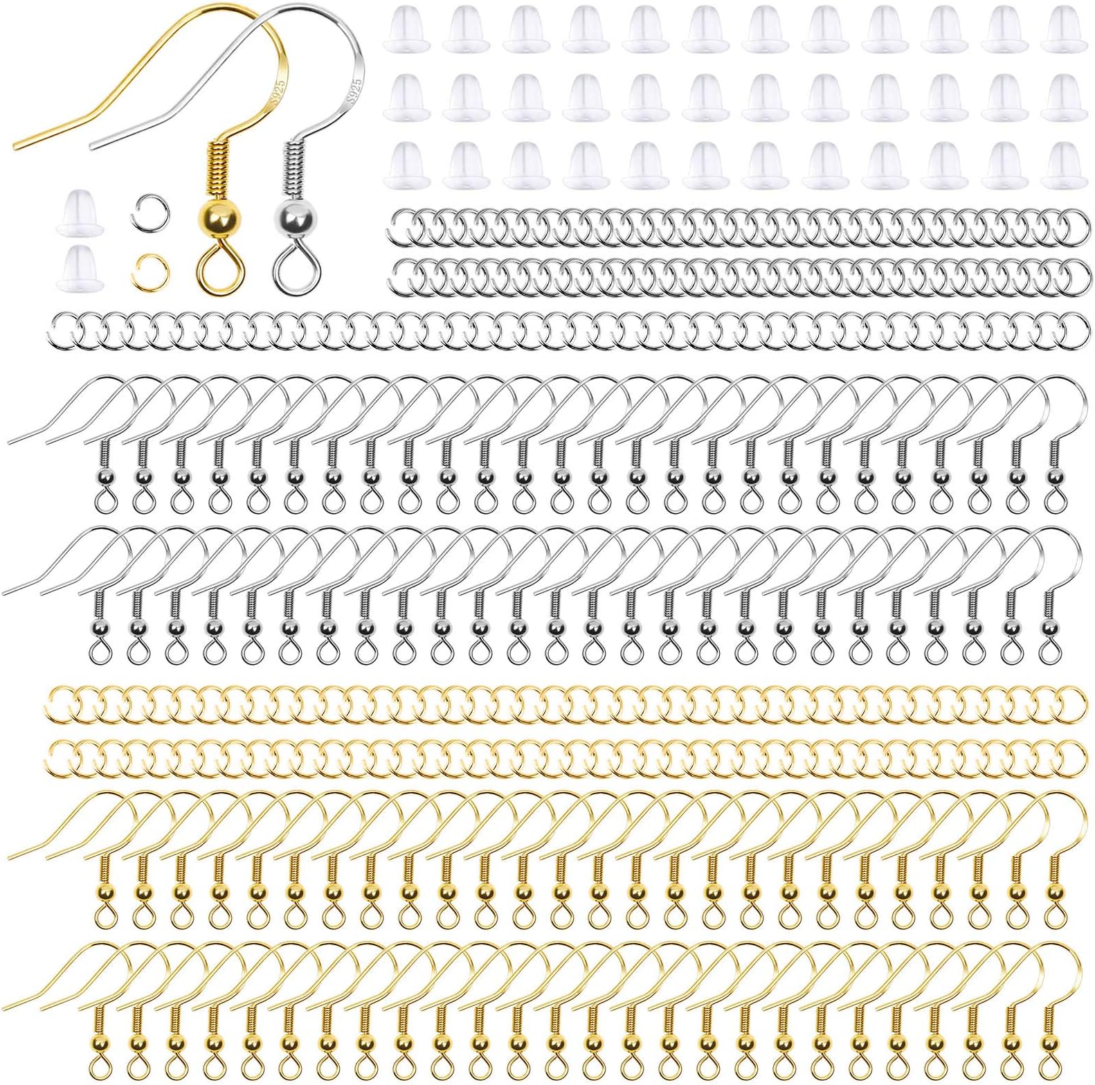 Thrilez Hypoallergenic Earring Hooks, 600Pcs Earring Making Kit with Hypoallergenic Earring Hooks, Jump Rings and Clear Rubber Earring Backs for DIY Jewelry Making (Silver and Gold)