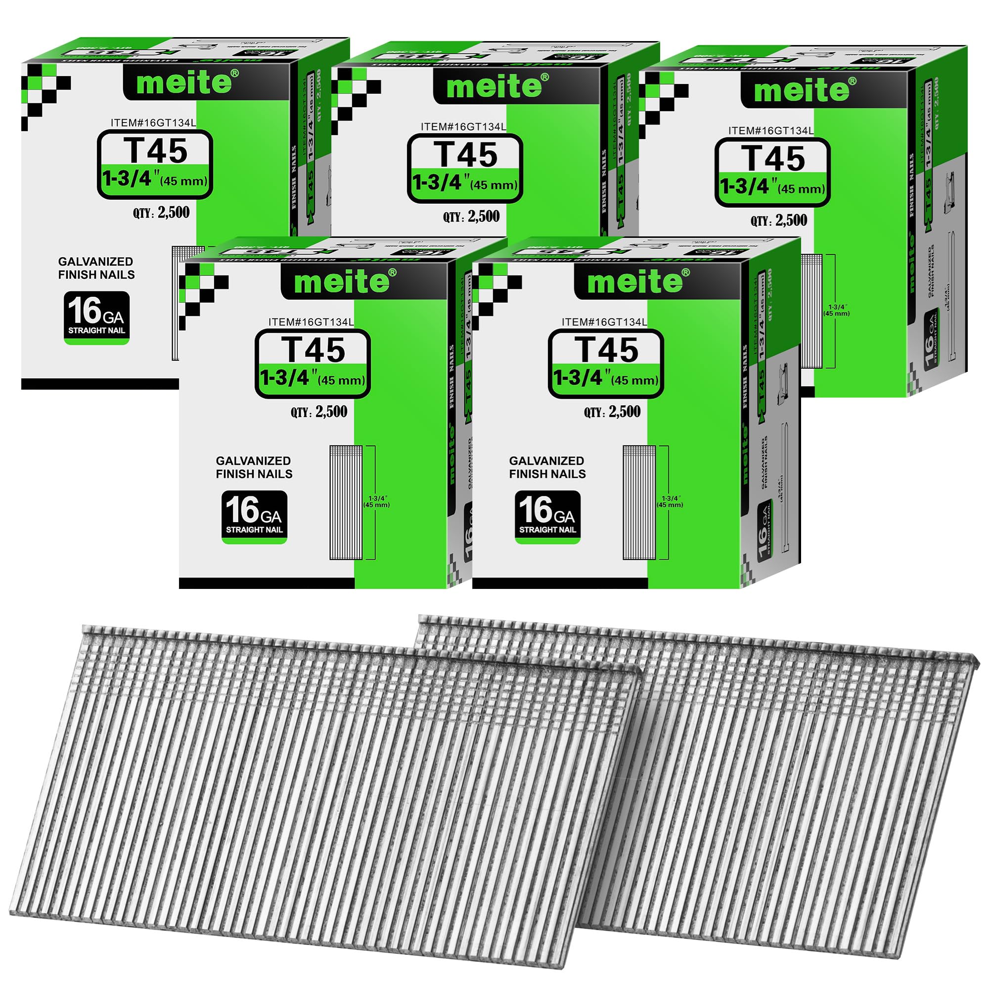 meite 16 Gauge Finish Nails 1-3/4 Inch Galvanized Straight T-Nail 12,500PCS