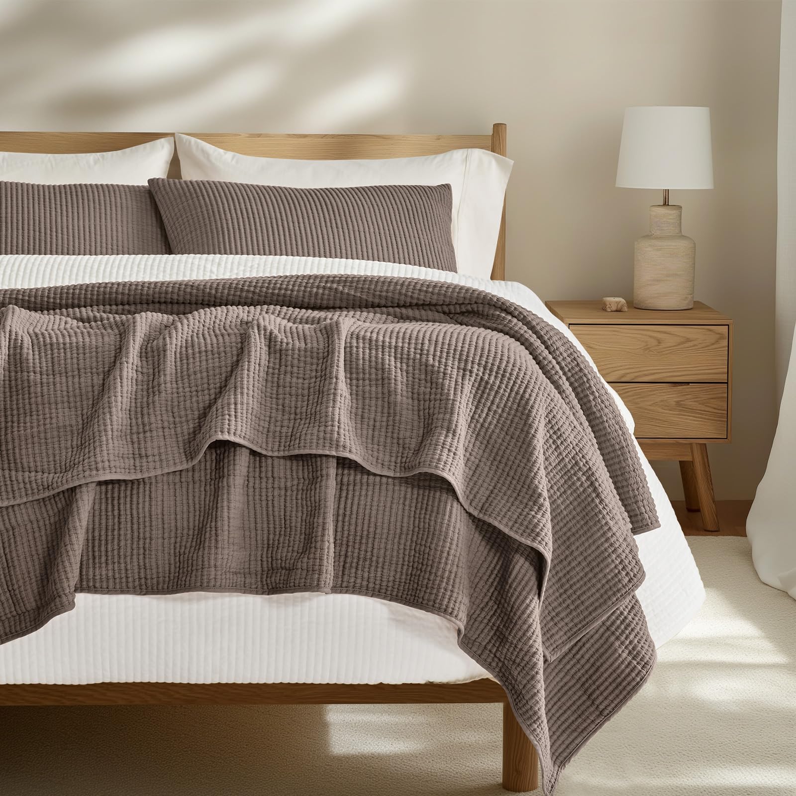EverGrace Cotton Ribbed Matelassé Coverlet Set, Oversized King, Mocha Brown