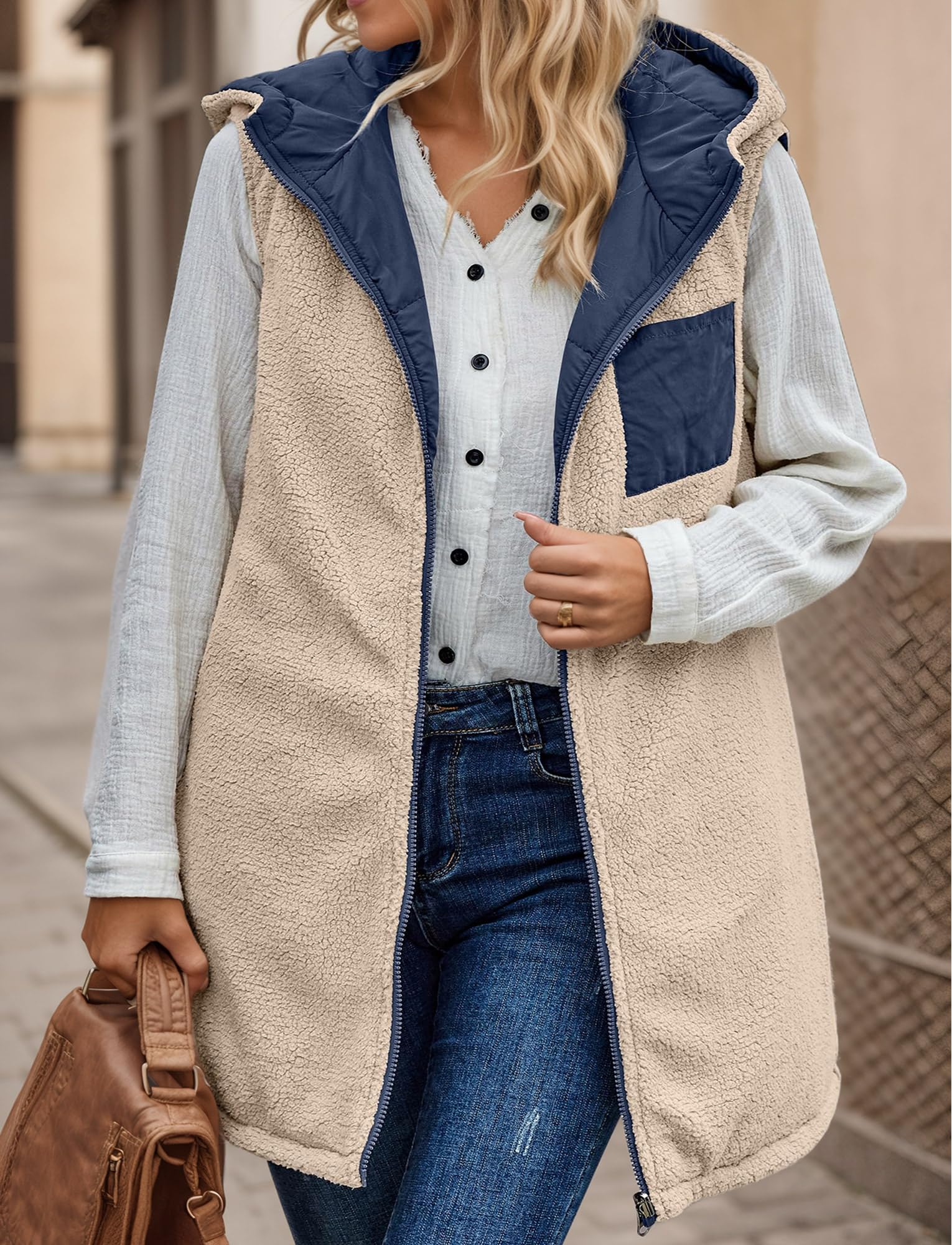 Maeau - Manteau Sans Manches Femmes à Capuche Mi-Long Chaud Veste Réversible Polaire avec Poches S-3XL