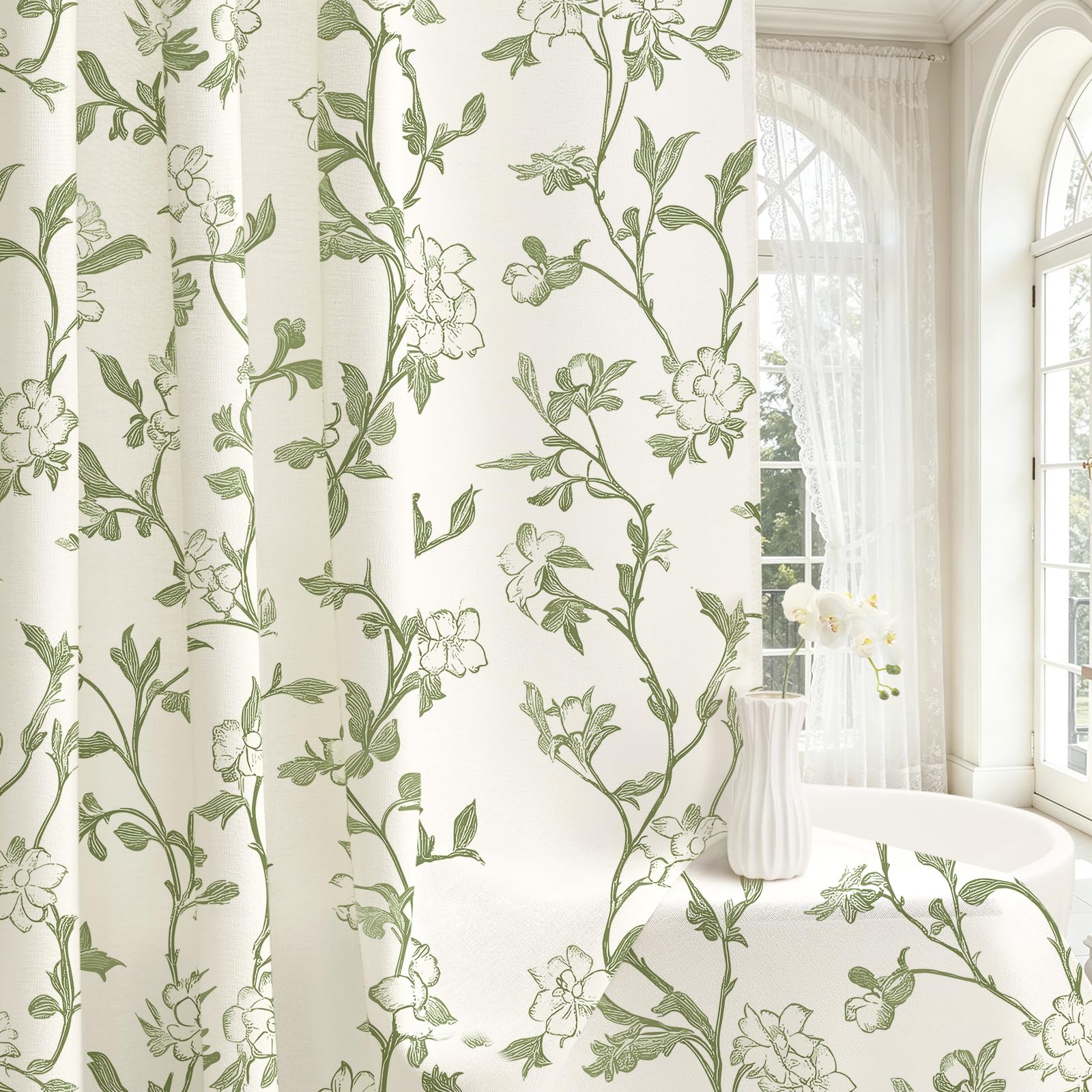 Sage Floral Cotton Shower Curtain, Cottage Farmhouse Fabric Curtain, 72x72