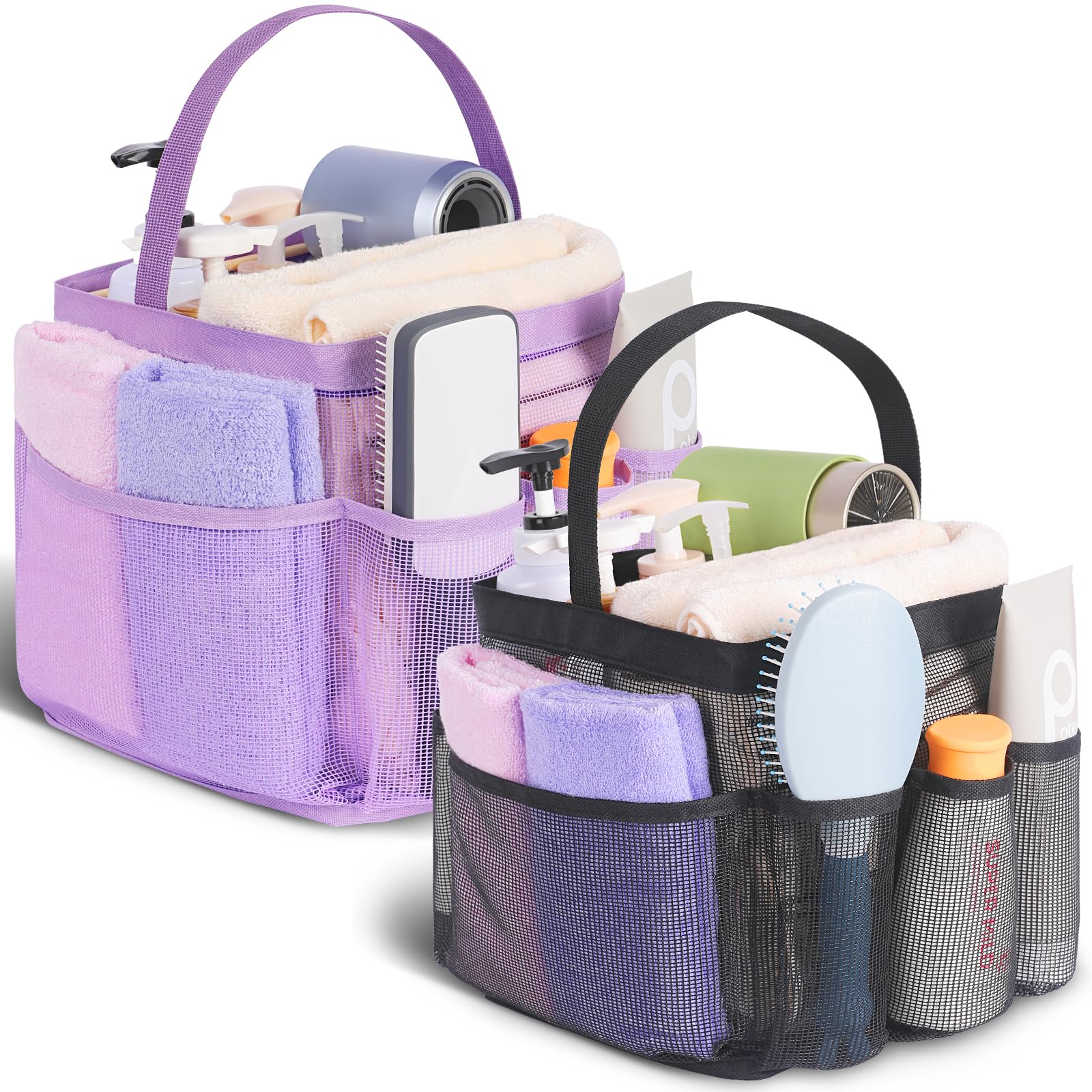 EUDELE 2 Pack Mesh Shower Caddy Portable for College Dorm Room Essentials, Shower Caddy Dorm with 9-Pocket Large Capacity,Shower Bag for Beach,Swimming,Gym All Black+All Pink