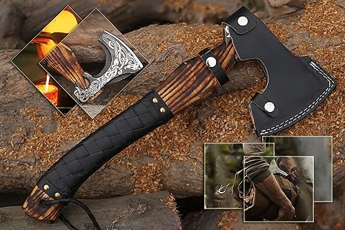 Vista 2 de Hacha vikinga – Hacha de hacha de acero al carbono de alta calidad con funda de cuero, mango de palisandro de 19 pulgadas, hacha pequeña para HACA